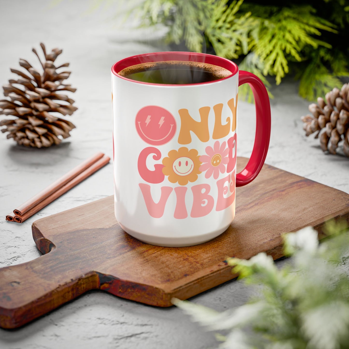 Only Good Vibes Accent Mug – Retro Bubble Letters & Flowers | 11oz 15oz Colored Handle