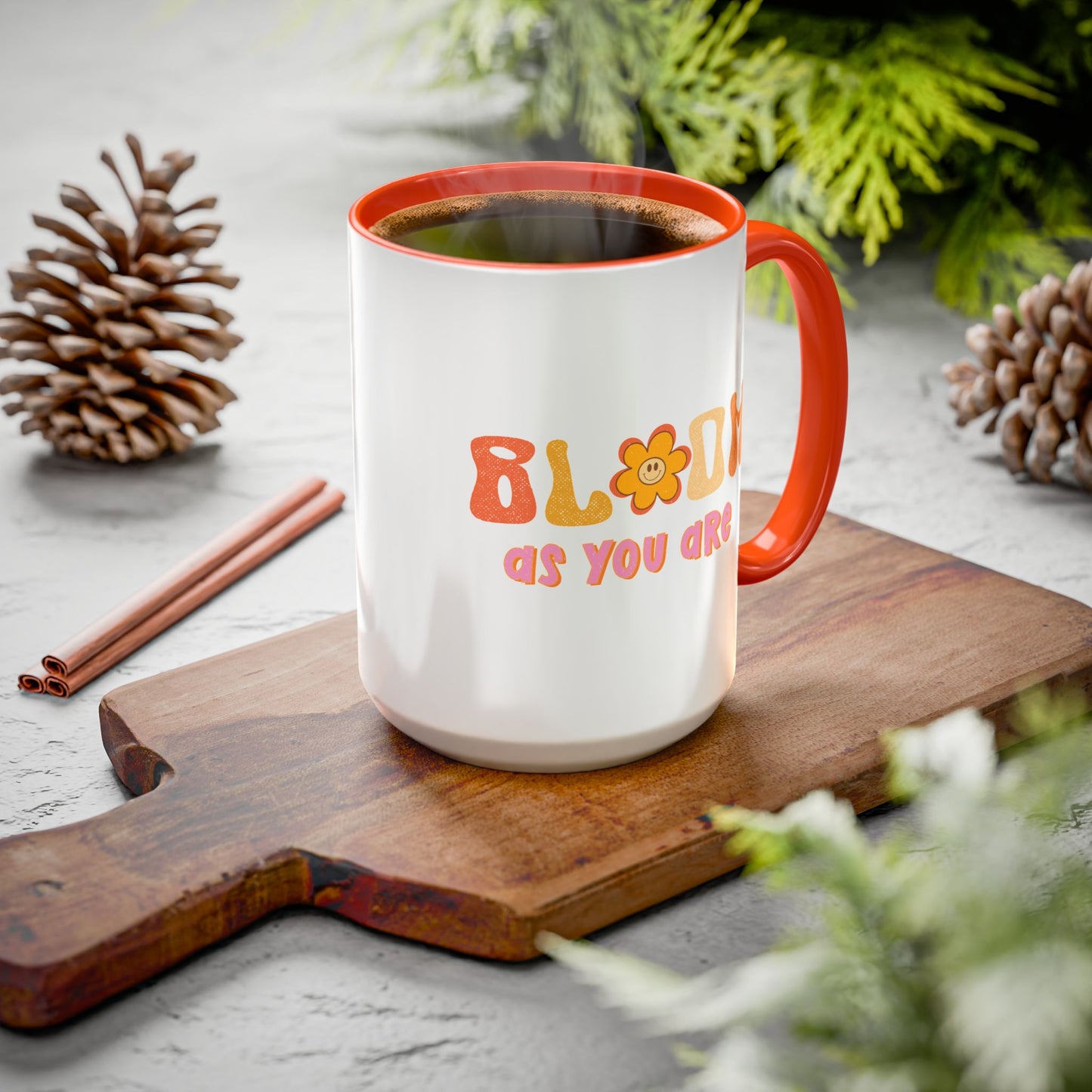 Bloom As You Are Accent Mug – Smiley Flower | 11oz 15oz Colored Handle