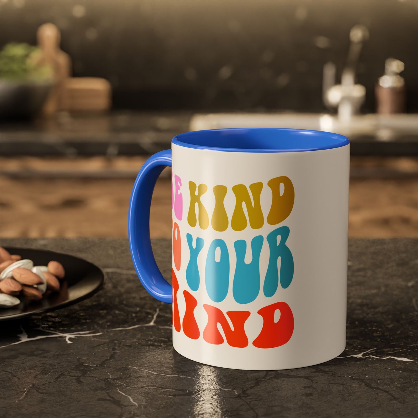 Be Kind To Your Mind Accent Mug – Retro Rainbow Letters | 11oz 15oz Multiple colors