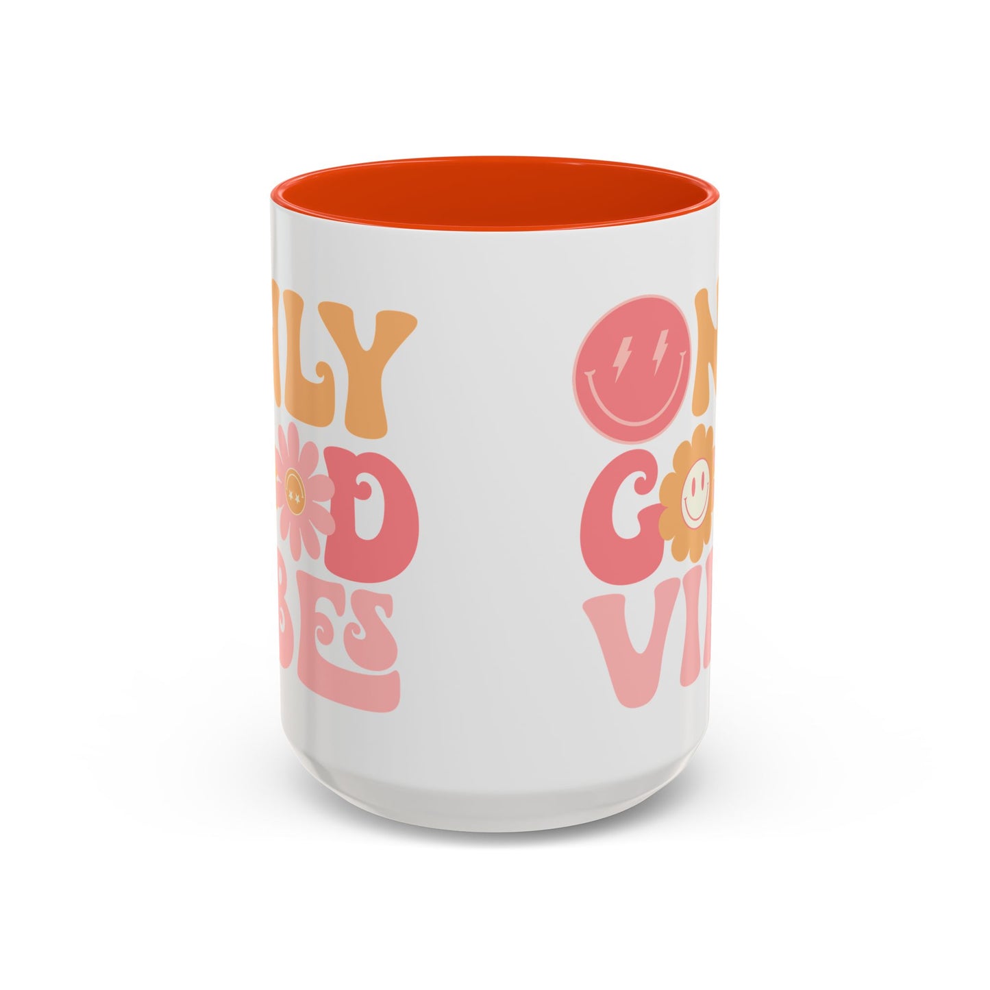 Only Good Vibes Accent Mug – Retro Bubble Letters & Flowers | 11oz 15oz Colored Handle