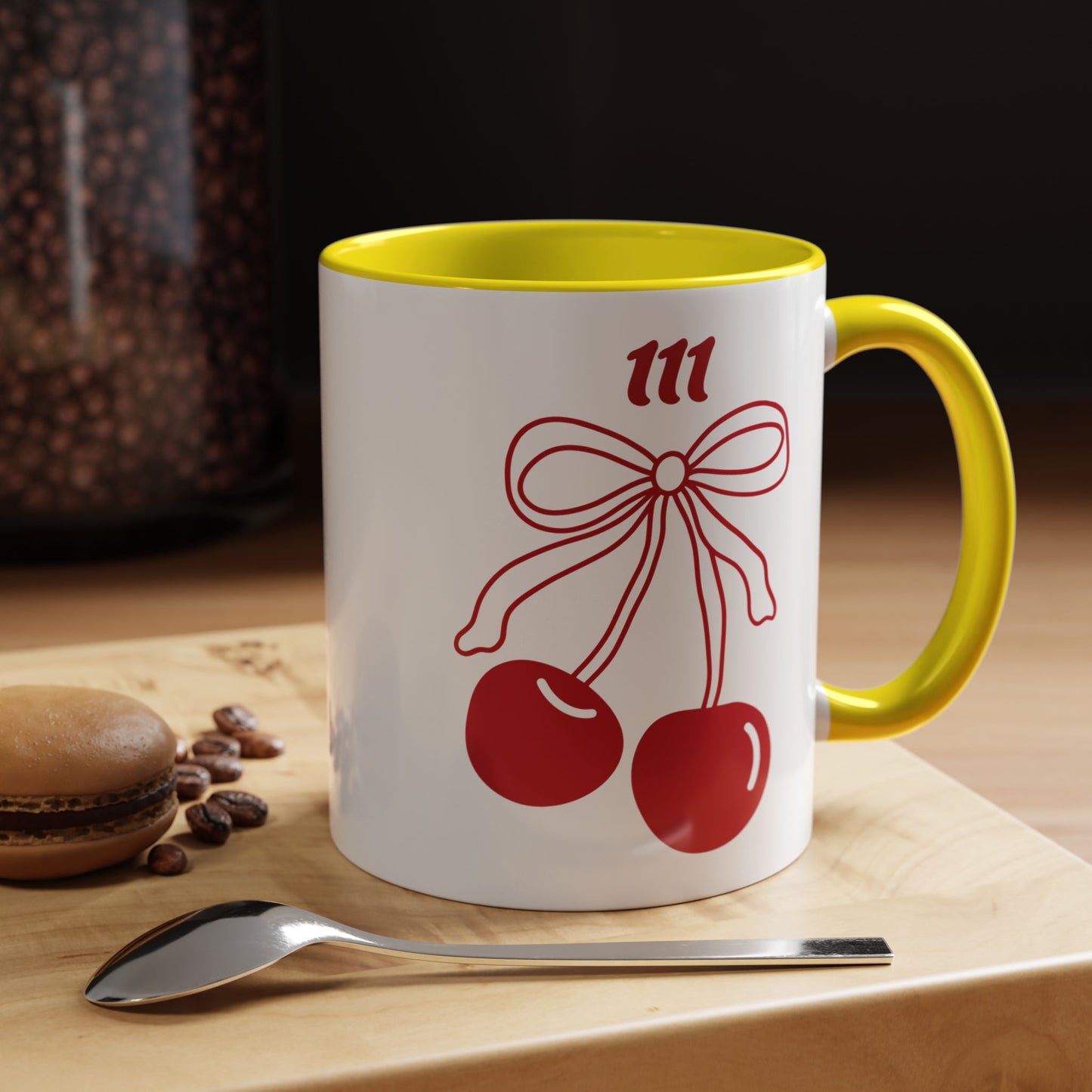 111 Angel Number Cherries Accent Mug – Coquette Bow Kawaii Coffee Mug Aesthetic | 11oz 15oz — Pink, Black, Purple, Yellow, Light Blue