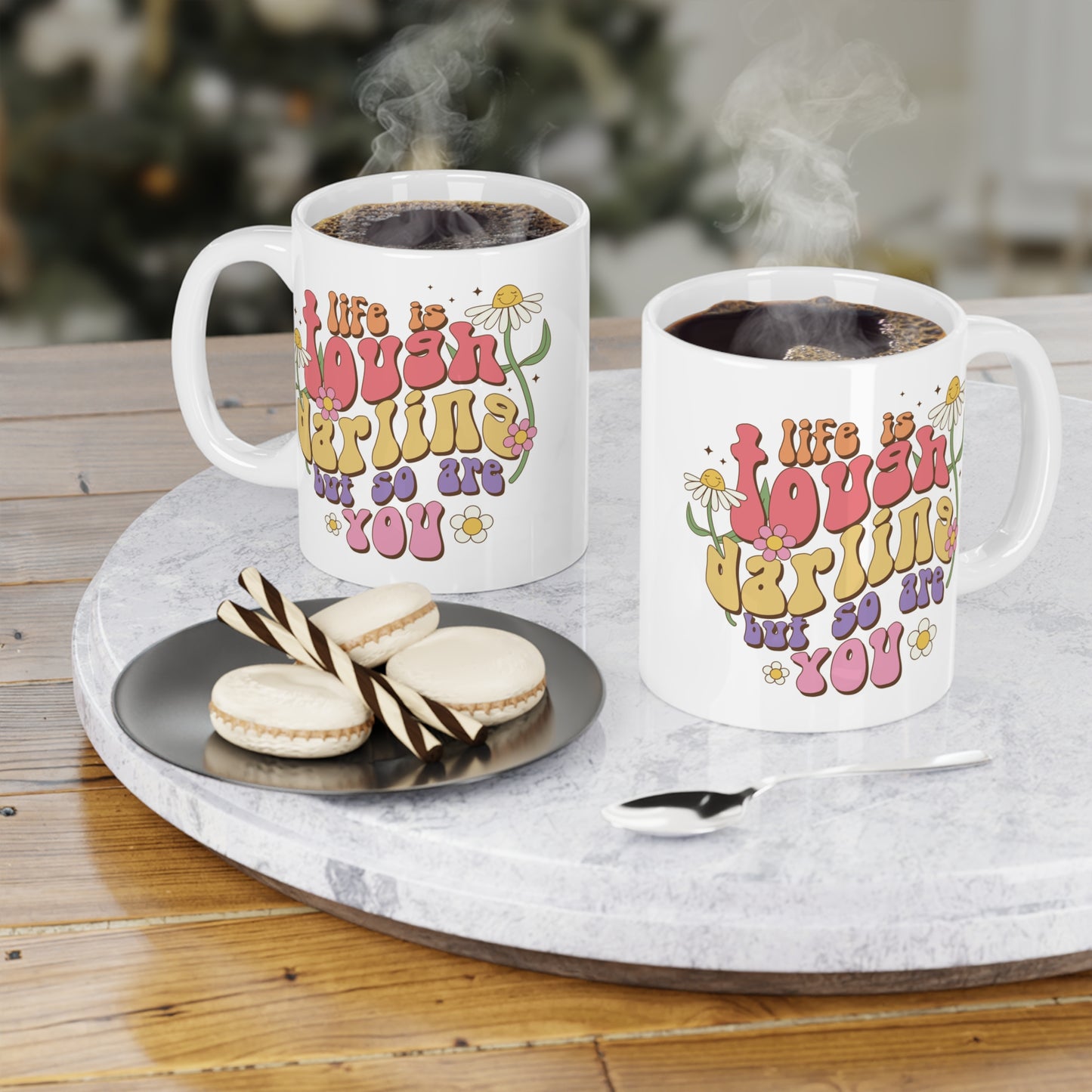 70s Groovy Life is Tough Darling Coffee Mug 20oz - Wavy Font, Multi-Color - Inspirational Resilience Gift, Vintage Style Drinkware