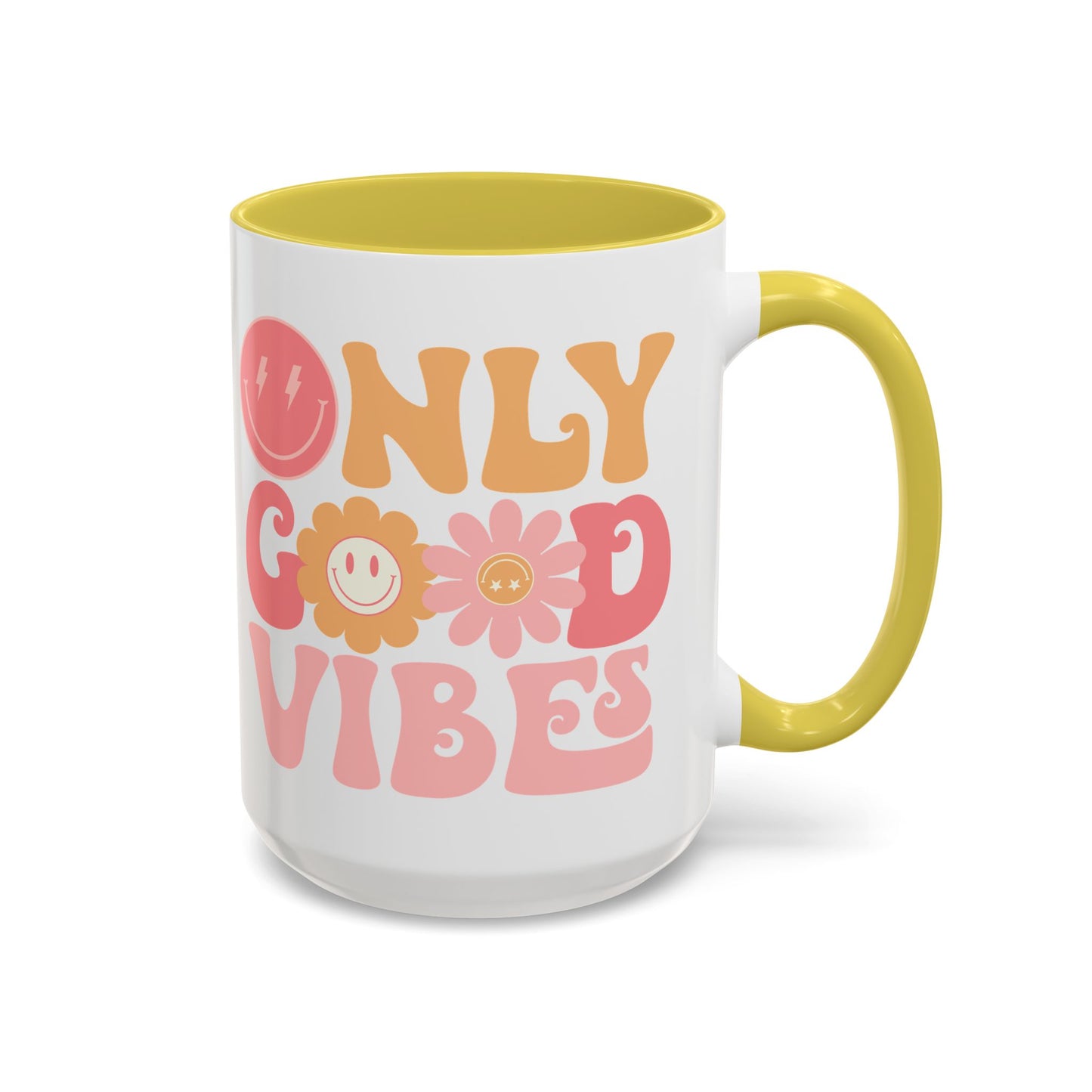 Only Good Vibes Accent Mug – Retro Bubble Letters & Flowers | 11oz 15oz Colored Handle