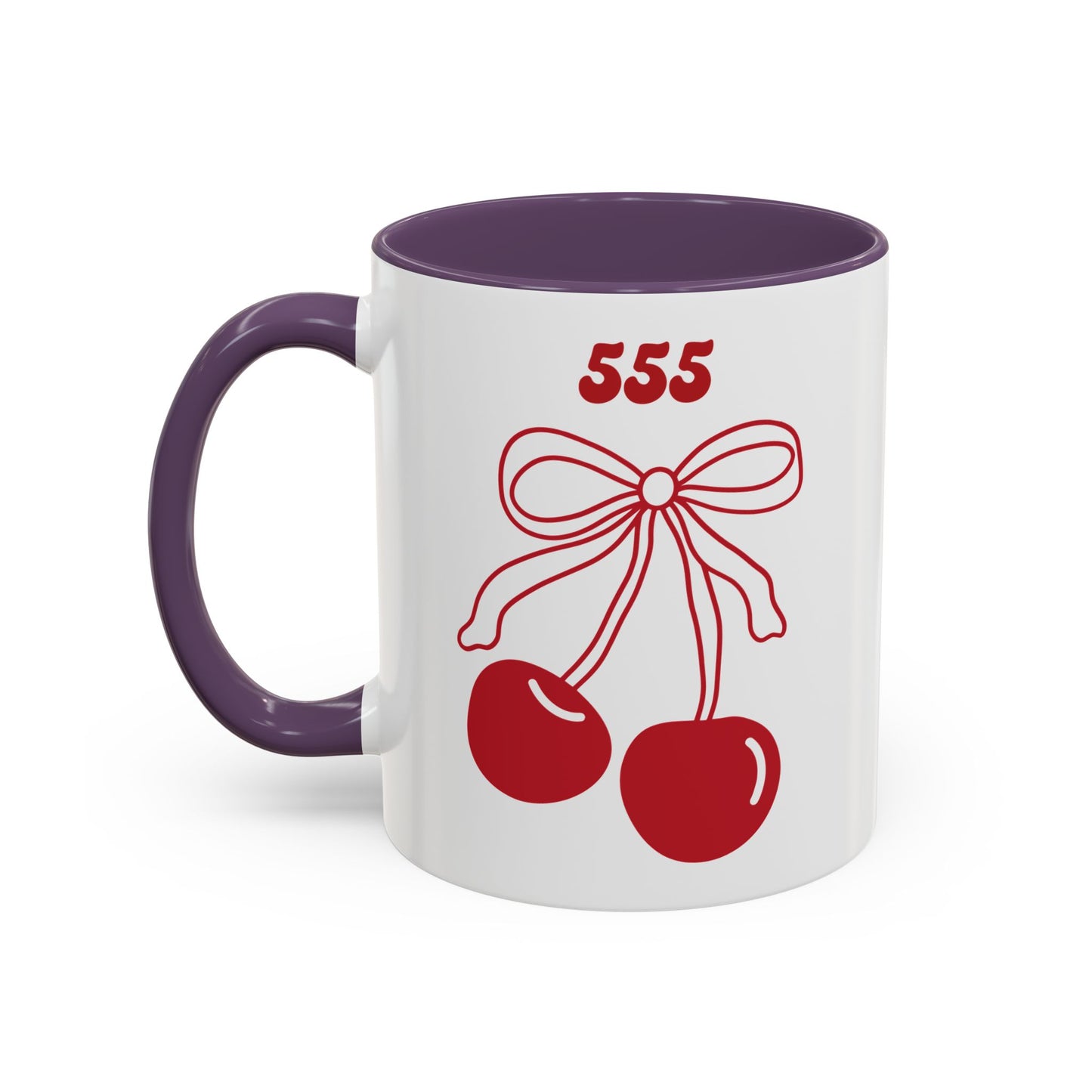 555 Angel Number Cherries Accent Mug – Coquette Bow Kawaii | 11oz 15oz — Pink, Red, Navy, Light Blue, Orange, Purple, Yellow