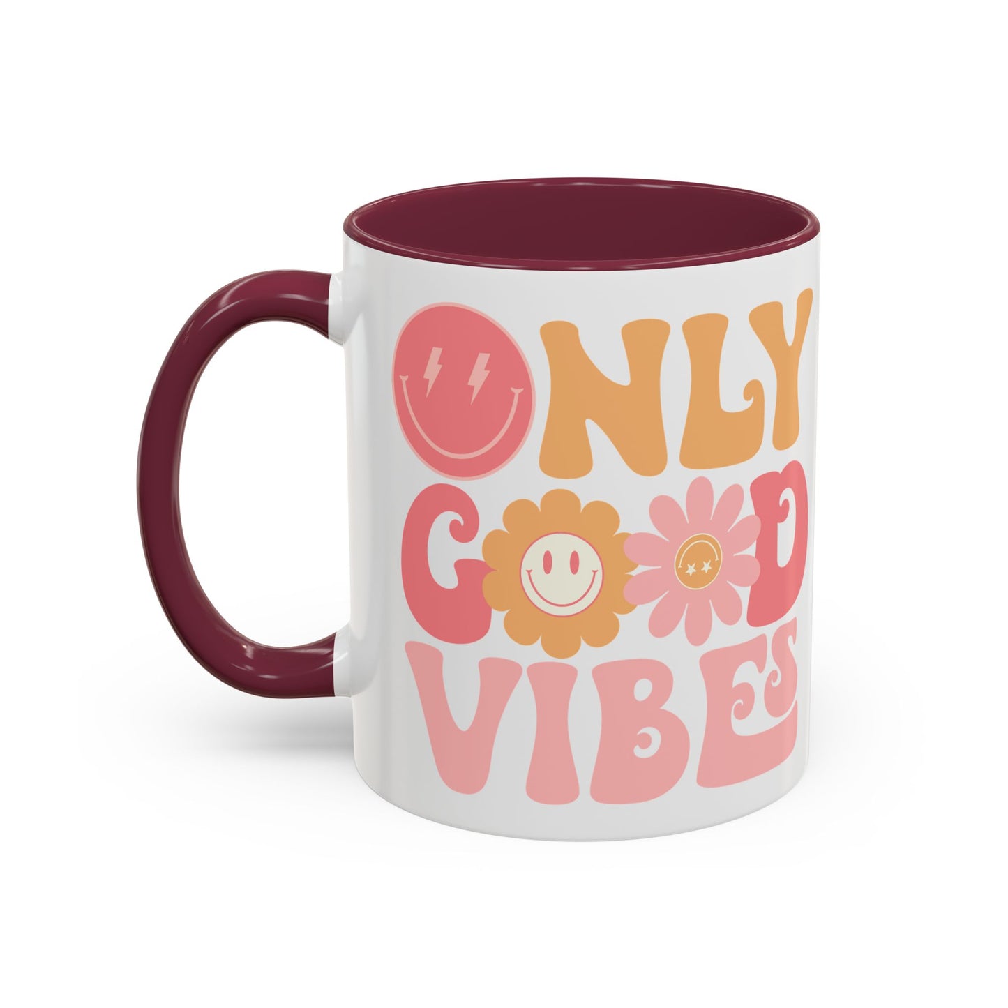 Only Good Vibes Accent Mug – Retro Bubble Letters & Flowers | 11oz 15oz Colored Handle