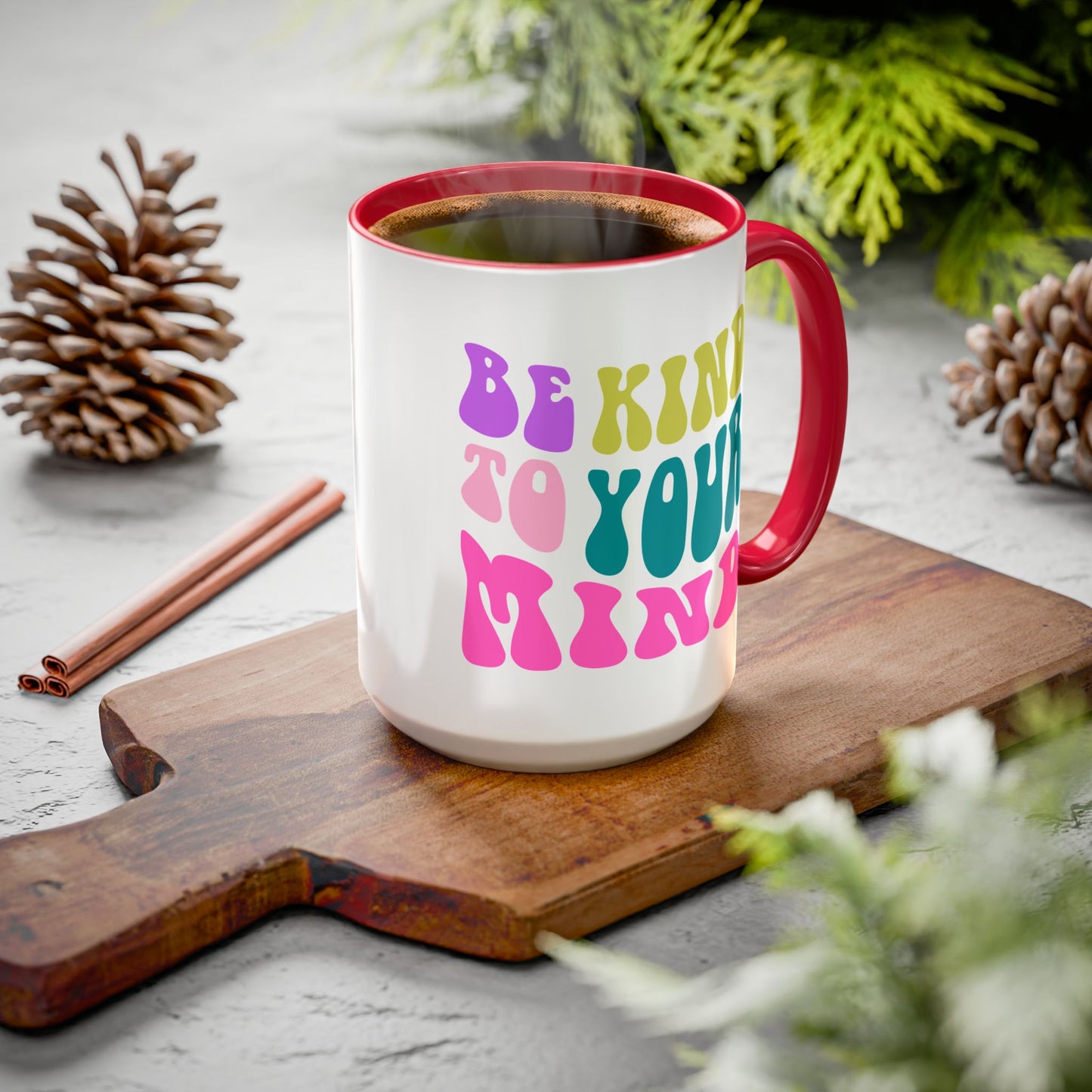 Be Kind To Your Mind Accent Mug – Retro Rainbow Letters | 11oz 15oz Colored Handle