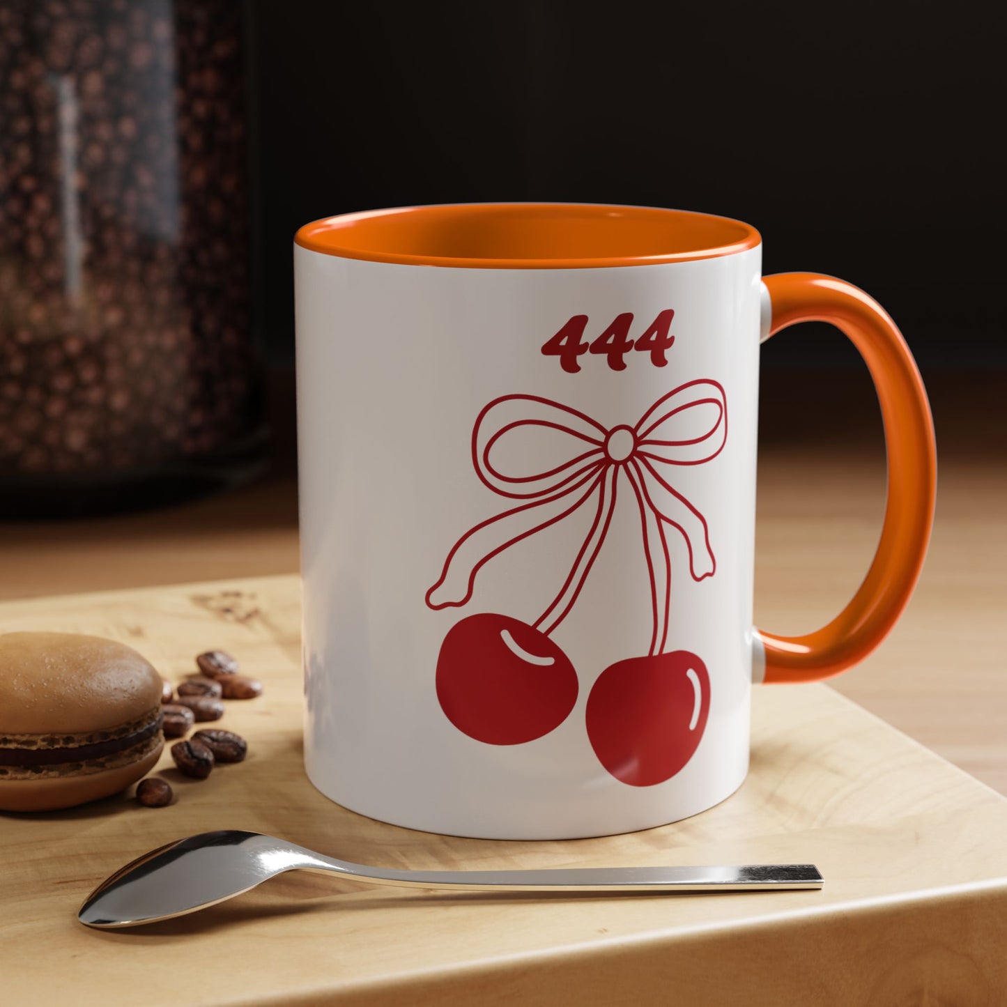 444 Angel Number Cherries Accent Mug – Coquette Bow Kawaii | 11oz 15oz — Navy, Light Blue, Orange, Purple, Yellow