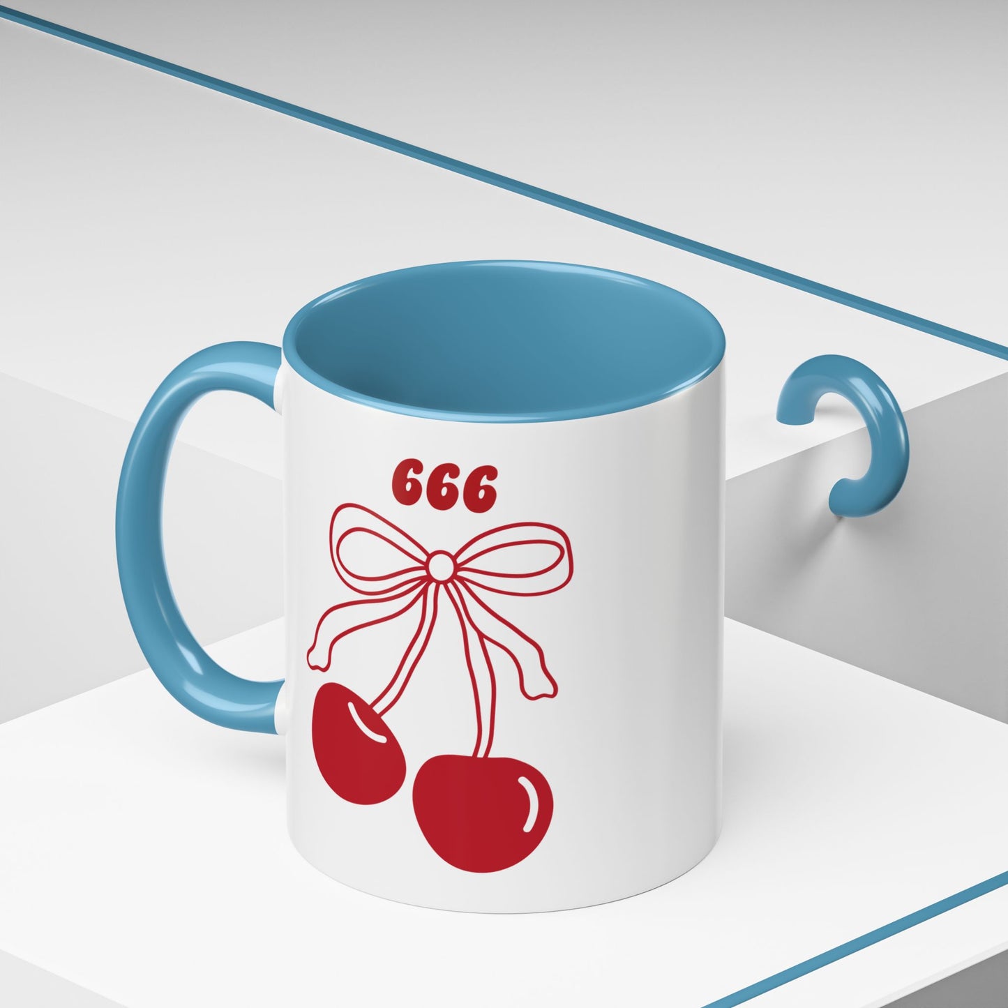 666 Angel Number Cherries Accent Mug – Coquette Bow Kawaii | 11oz 15oz — Pink, Red, Light Blue, Orange, Purple, Yellow