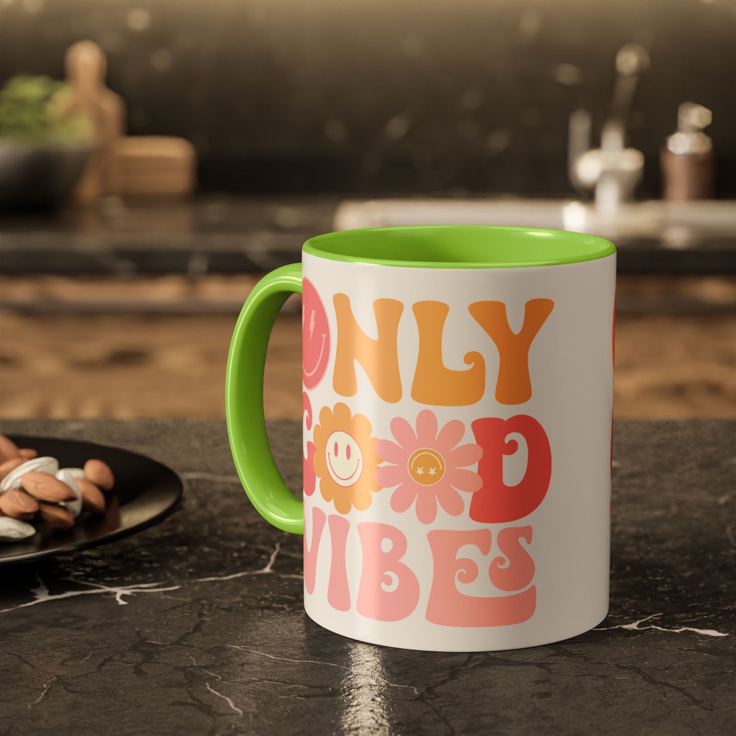 Only Good Vibes Accent Mug – Retro Bubble Letters & Flowers | 11oz 15oz Colored Handle