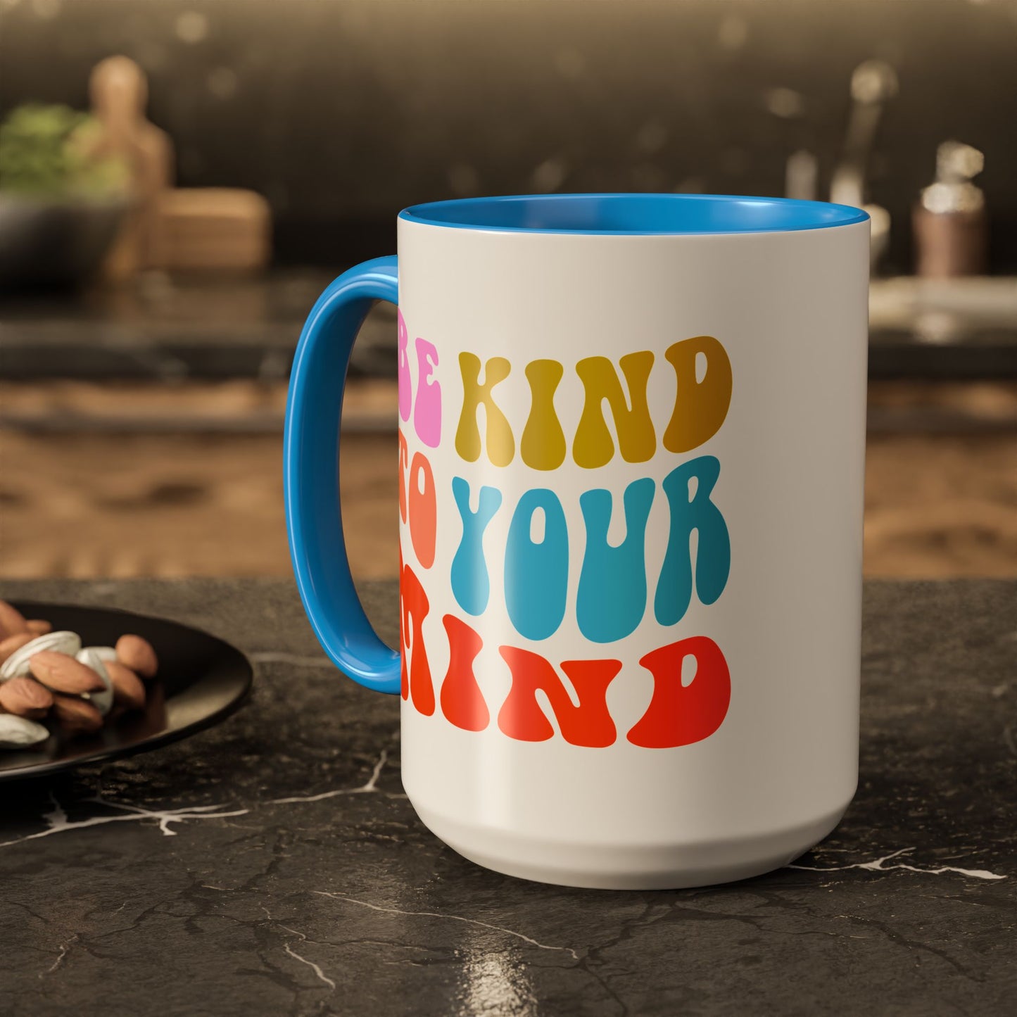 Be Kind To Your Mind Accent Mug – Retro Rainbow Letters | 11oz 15oz Multiple colors