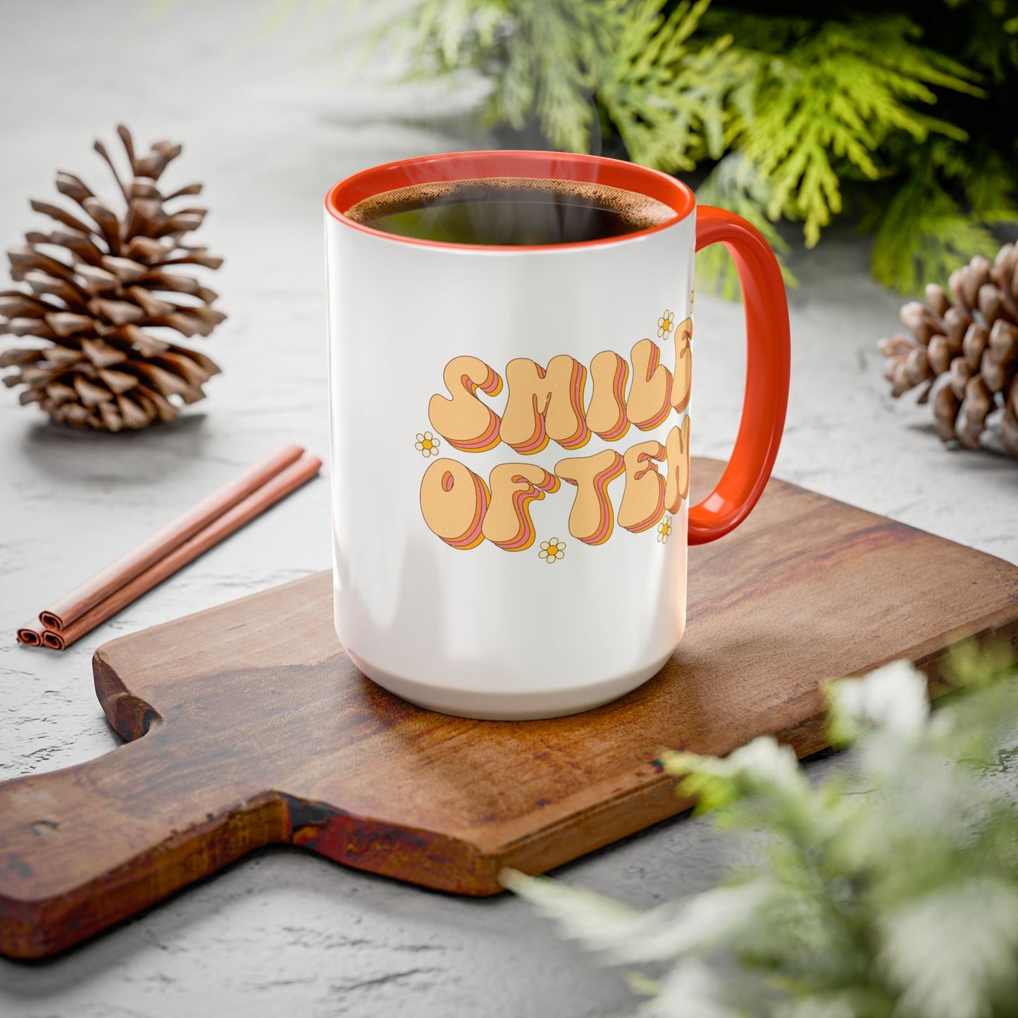 Smile Often Accent Mug – Retro Daisy Letters | 11oz 15oz colored Handle