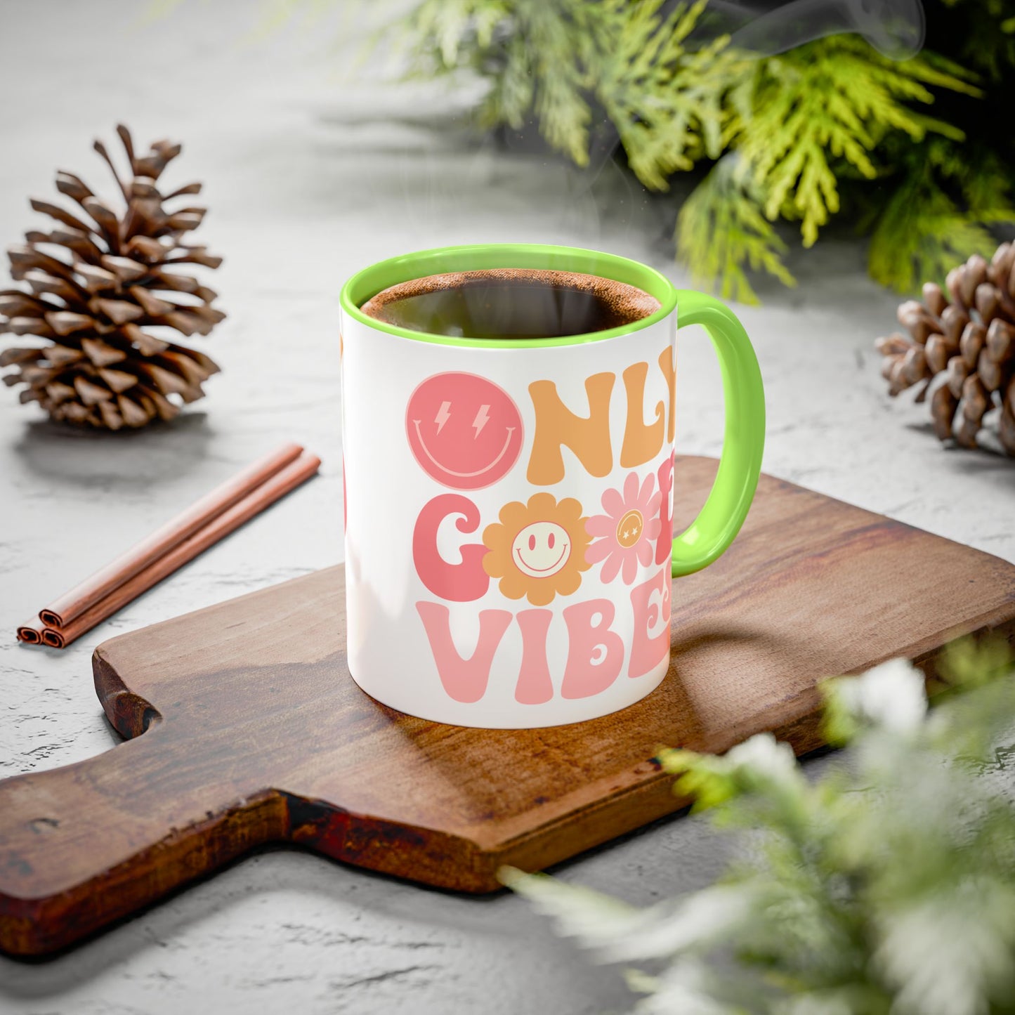 Only Good Vibes Accent Mug – Retro Bubble Letters & Flowers | 11oz 15oz Colored Handle