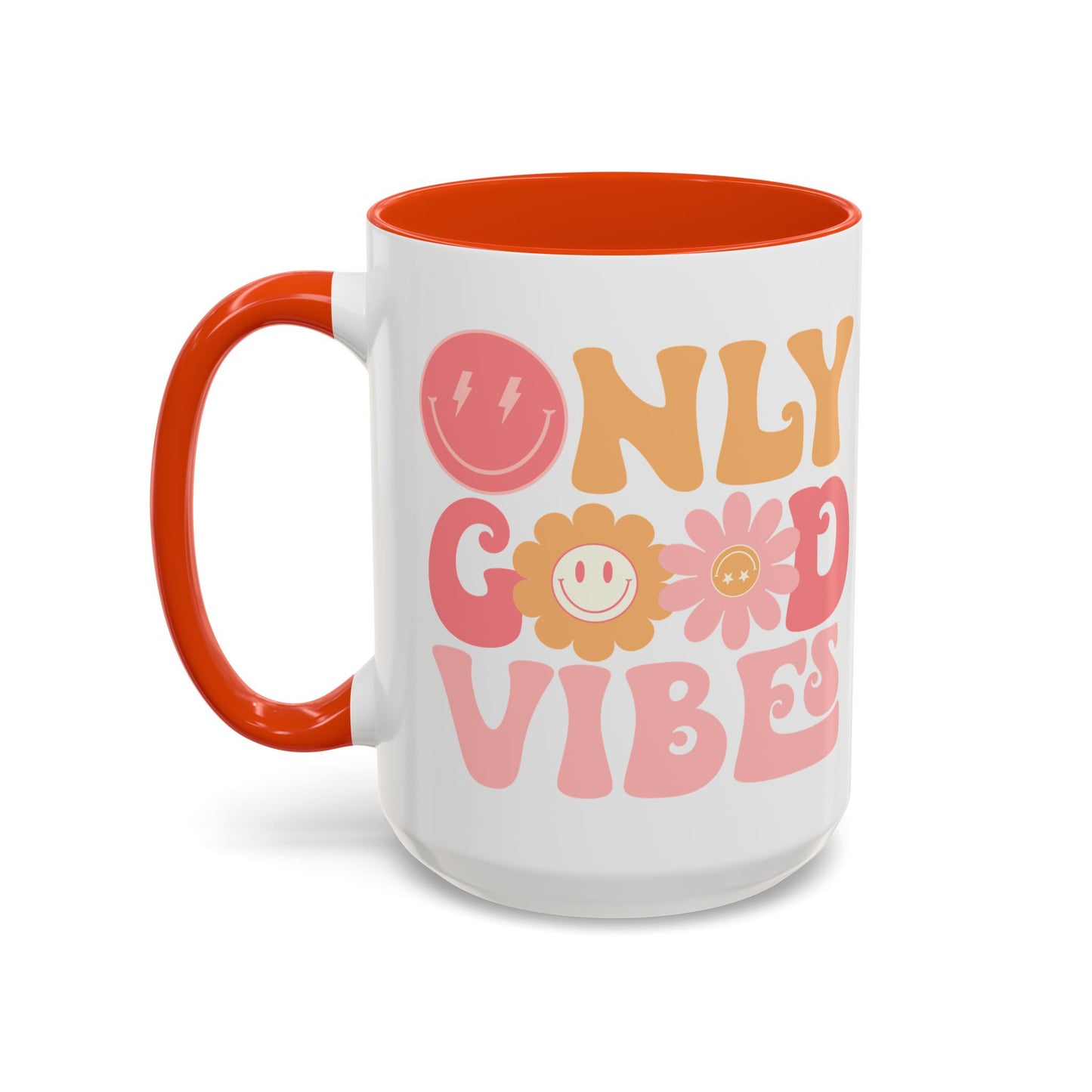 Only Good Vibes Accent Mug – Retro Bubble Letters & Flowers | 11oz 15oz Colored Handle