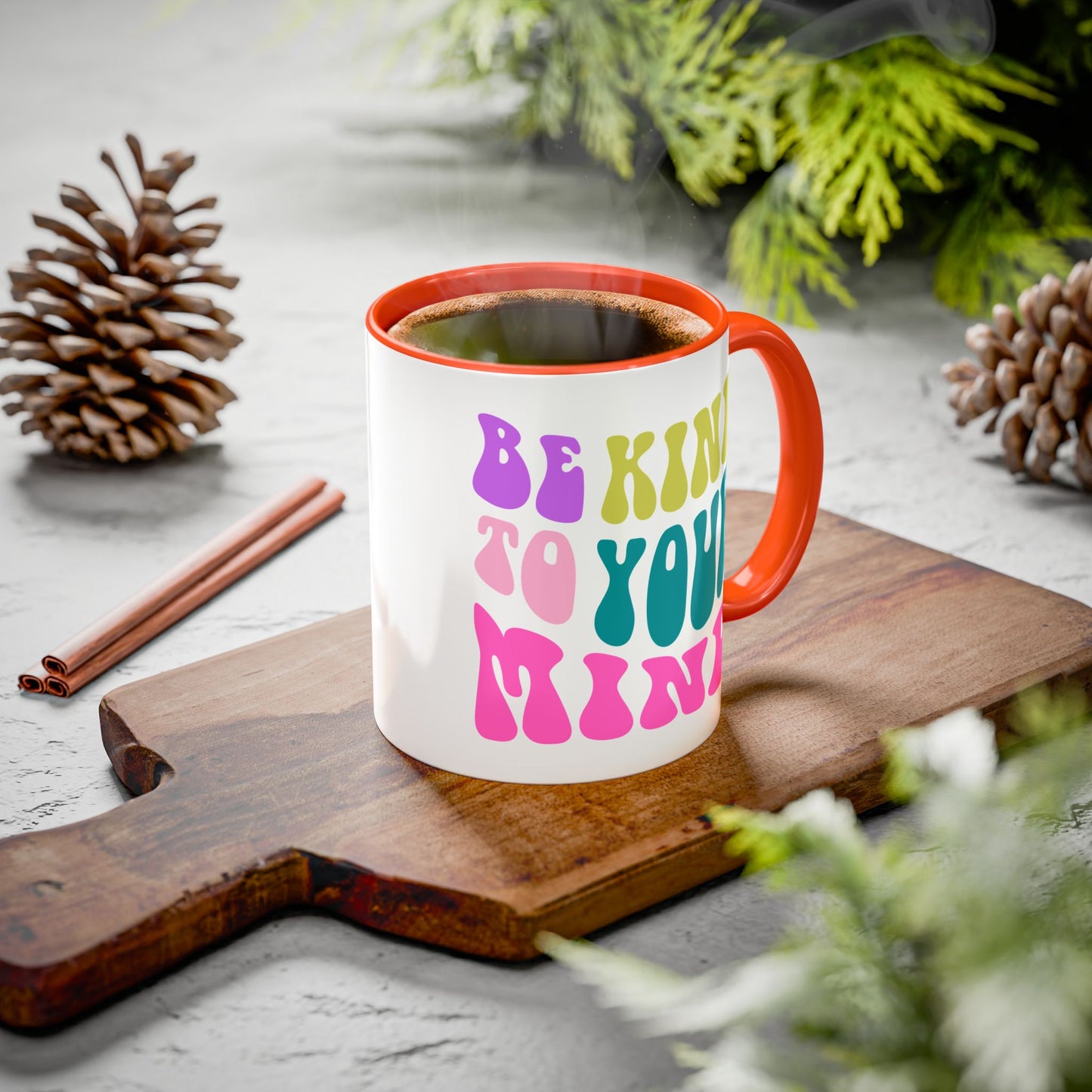 Be Kind To Your Mind Accent Mug – Retro Rainbow Letters | 11oz 15oz Colored Handle