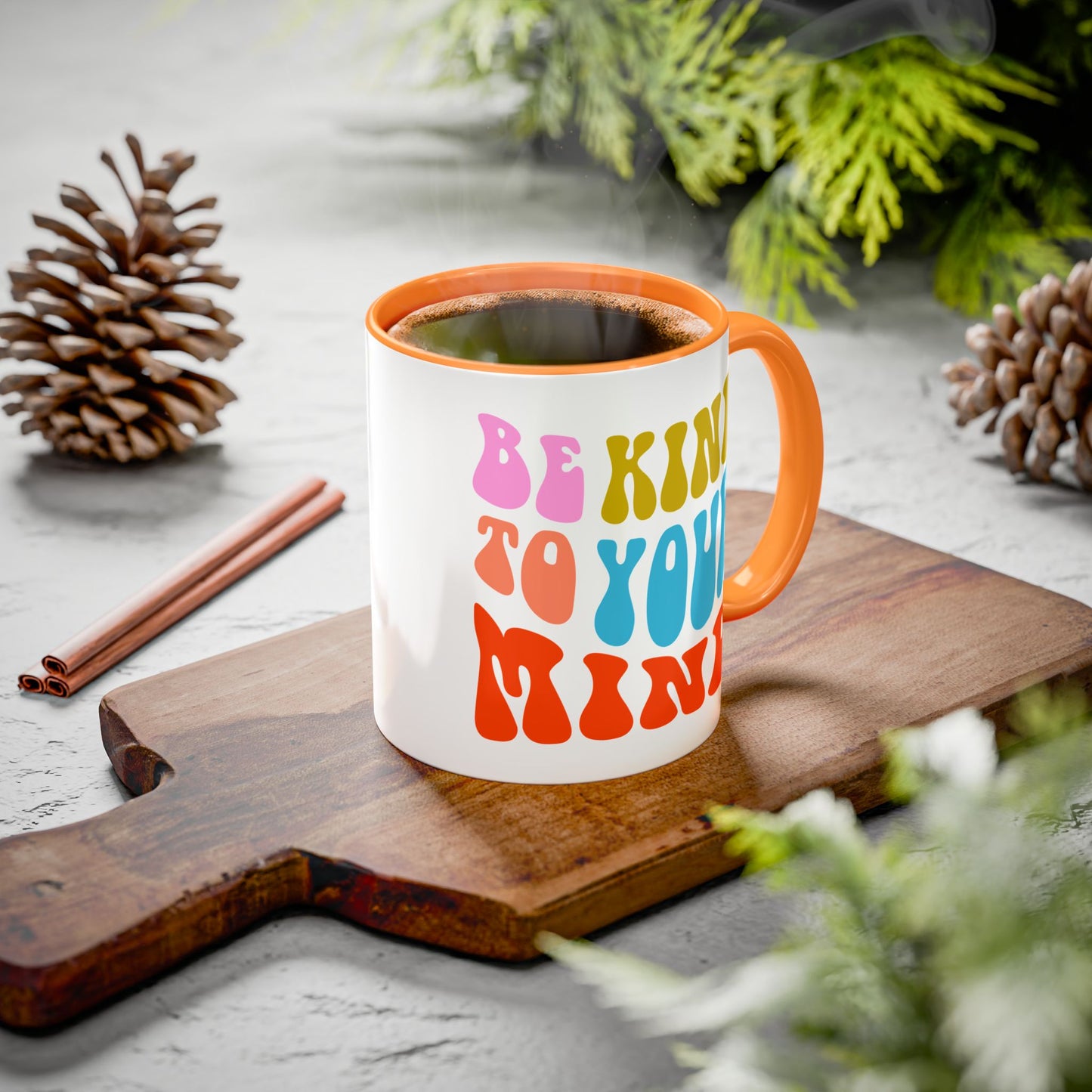 Be Kind To Your Mind Accent Mug – Retro Rainbow Letters | 11oz 15oz Multiple colors