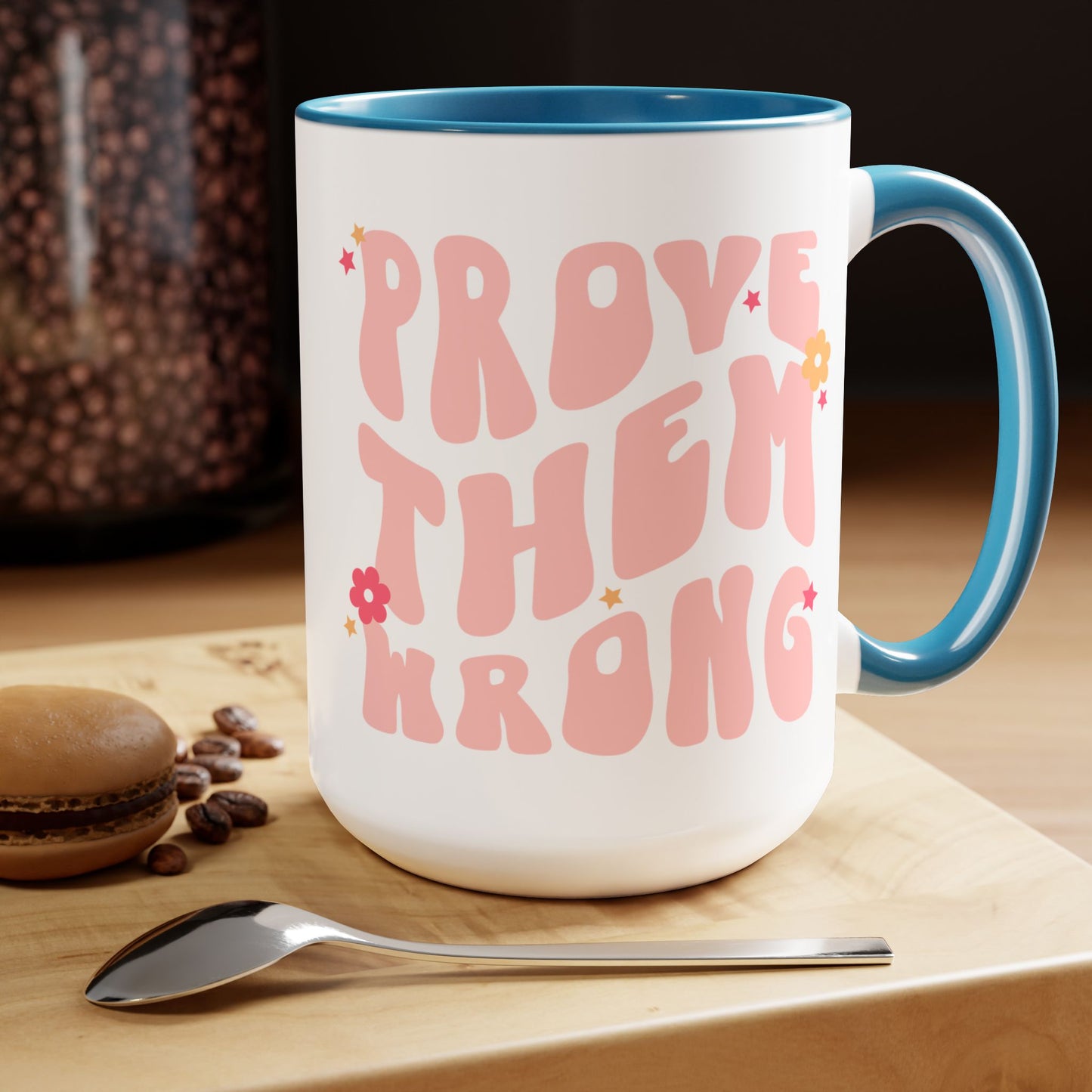 Prove Them Wrong Coffee Mug 15oz - Light Pink, 70s Themed Ceramic Cup, Groovy Font, Inspirational Motivation - Retro Nostalgia Gift