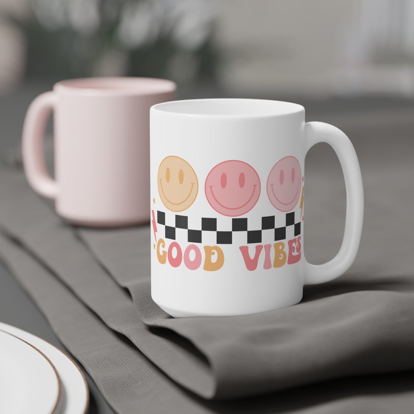 Good Vibes Psychedelic Coffee Mug 20oz - Pink Typography, Black-White Checkered with Smiling Faces - Retro Love, Radiate Positivity