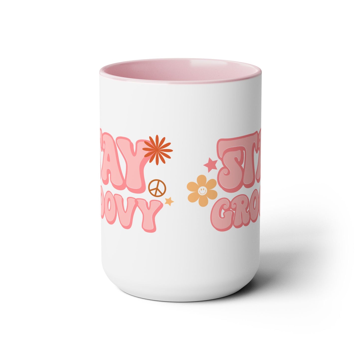 Stay Groovy Coffee Mug 15oz - 70s Inspired, Pastel Pink, Swirly Font - Boost Your Mood with this Free-Spirit, Funkadelic Beverage