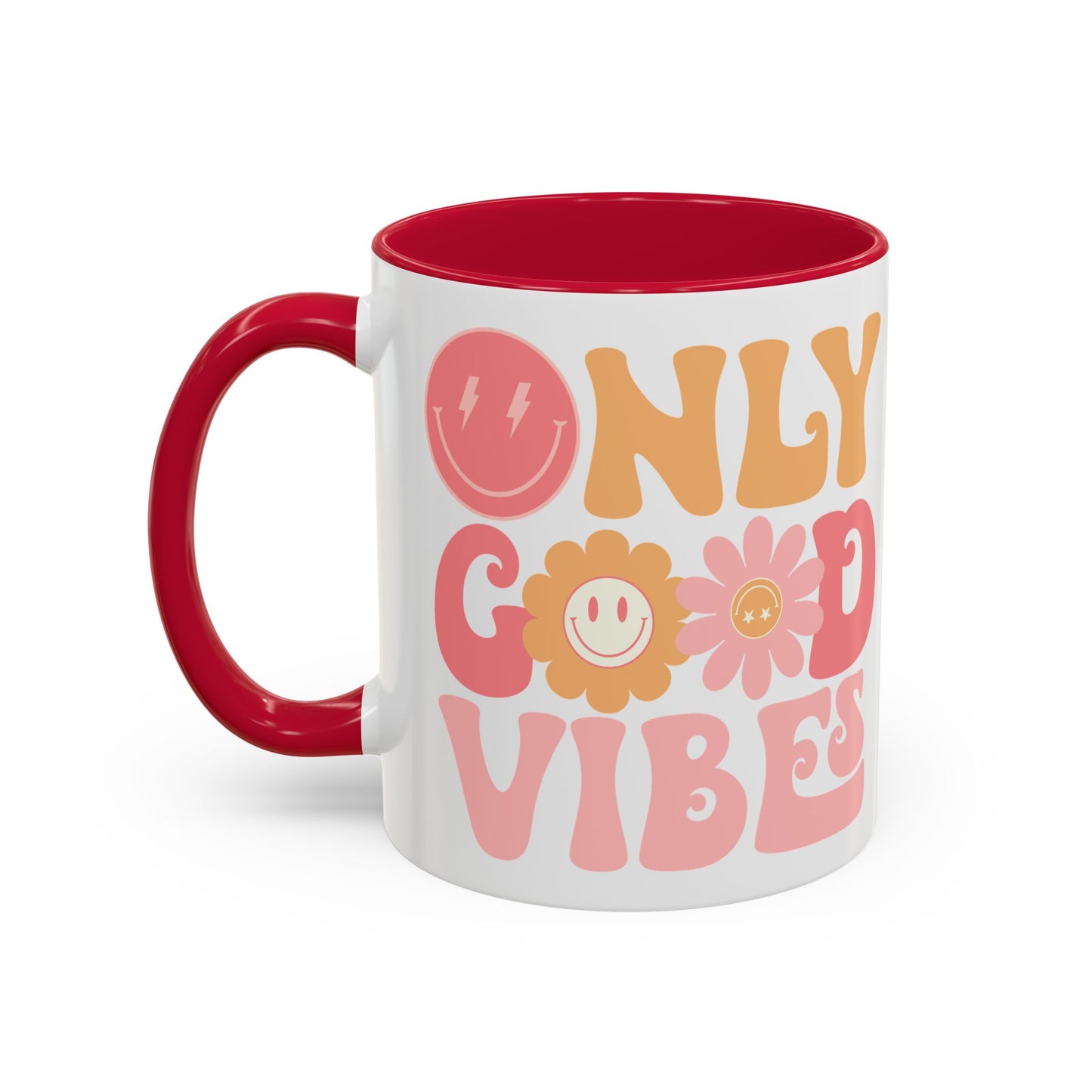 Only Good Vibes Accent Mug – Retro Bubble Letters & Flowers | 11oz 15oz Colored Handle