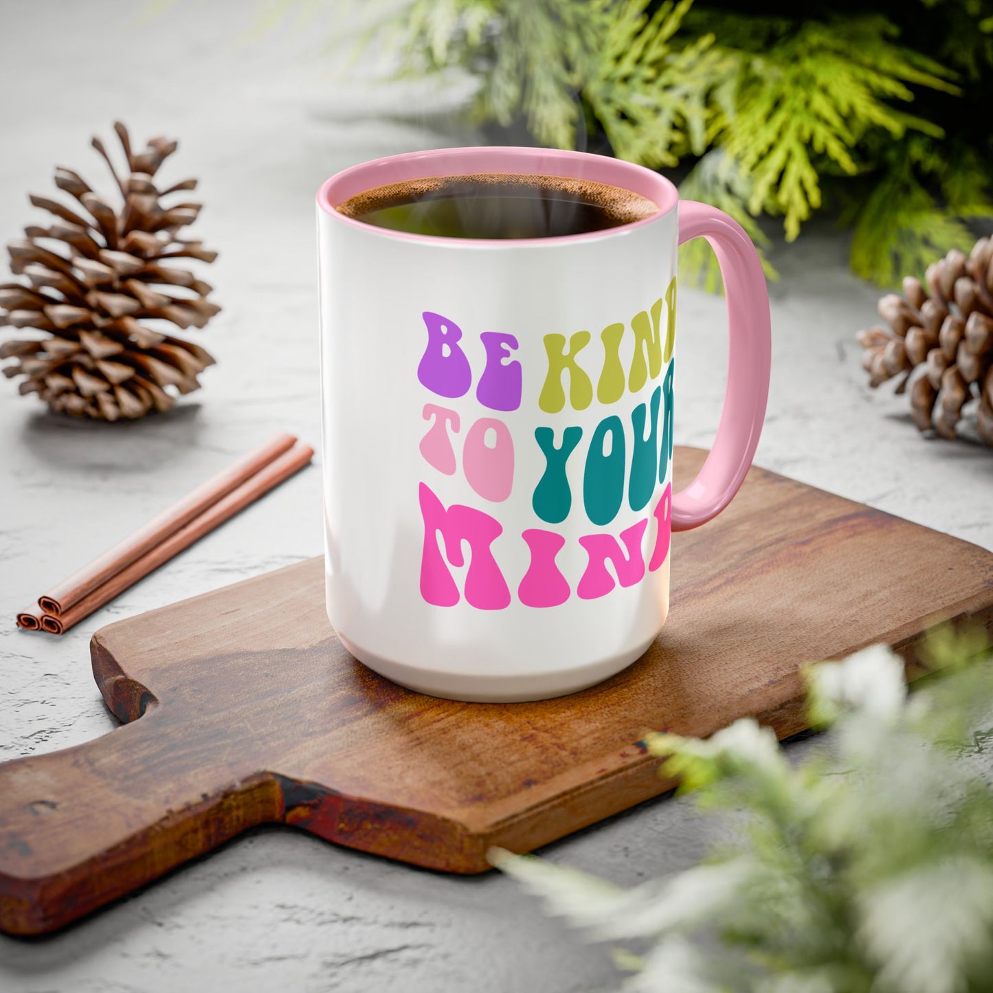 Be Kind To Your Mind Accent Mug – Retro Rainbow Letters | 11oz 15oz Colored Handle
