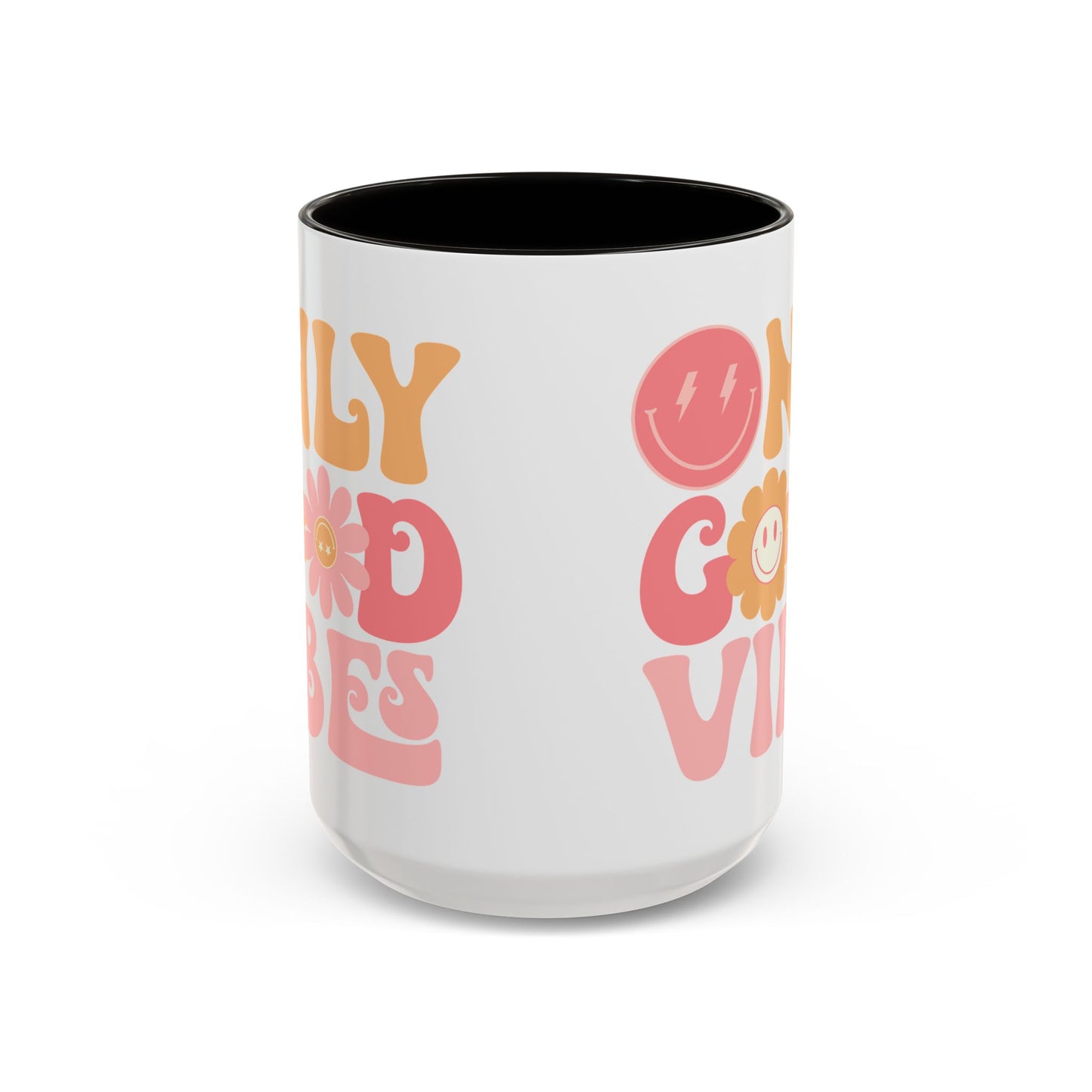 Only Good Vibes Accent Mug – Retro Bubble Letters & Flowers | 11oz 15oz Colored Handle