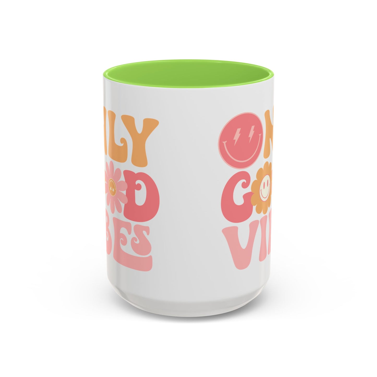 Only Good Vibes Accent Mug – Retro Bubble Letters & Flowers | 11oz 15oz Colored Handle