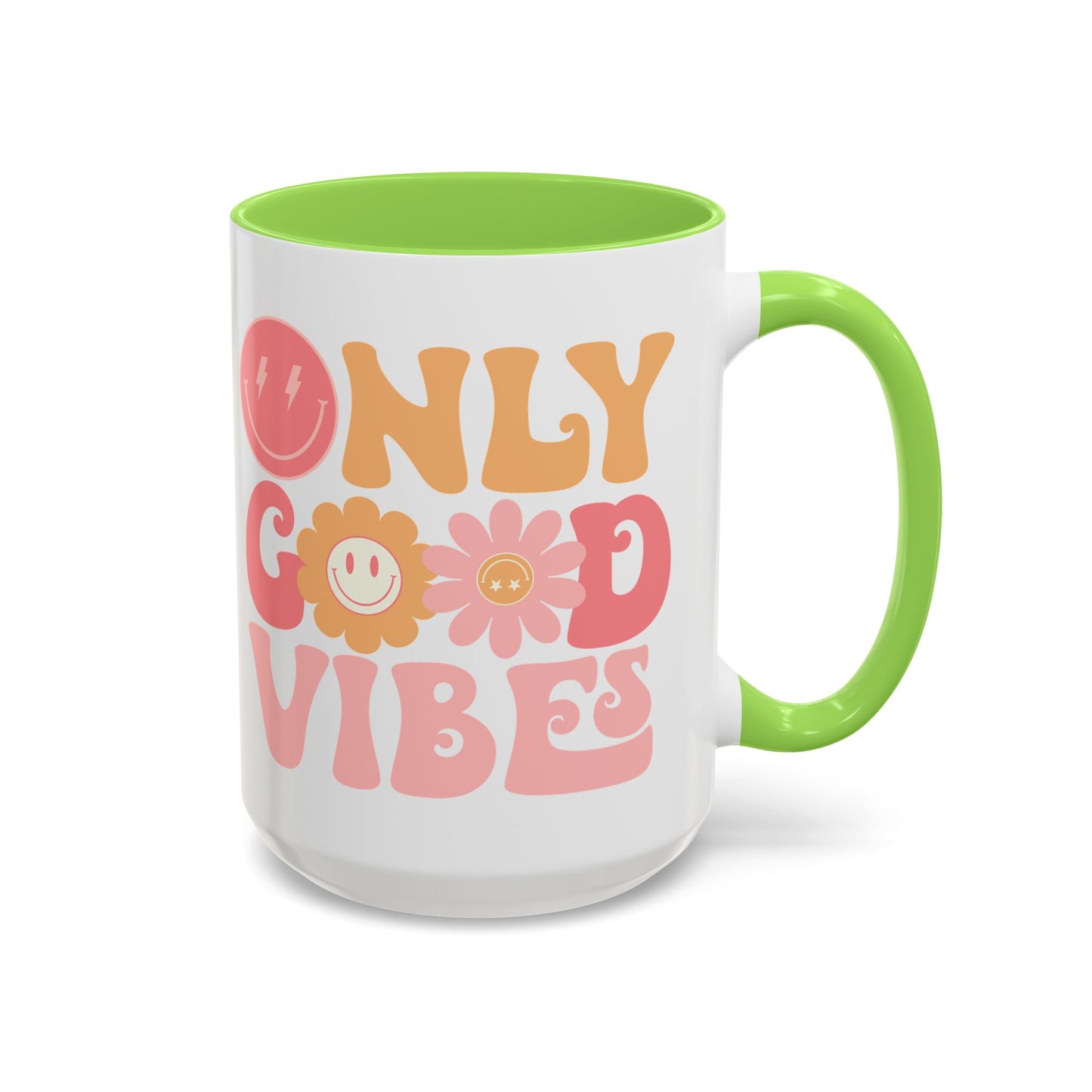 Only Good Vibes Accent Mug – Retro Bubble Letters & Flowers | 11oz 15oz Colored Handle