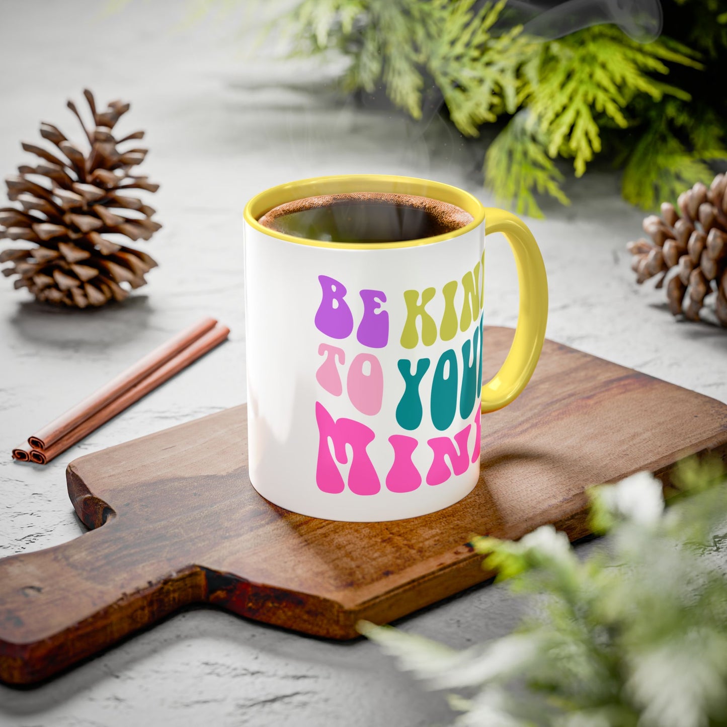 Be Kind To Your Mind Accent Mug – Retro Rainbow Letters | 11oz 15oz Colored Handle