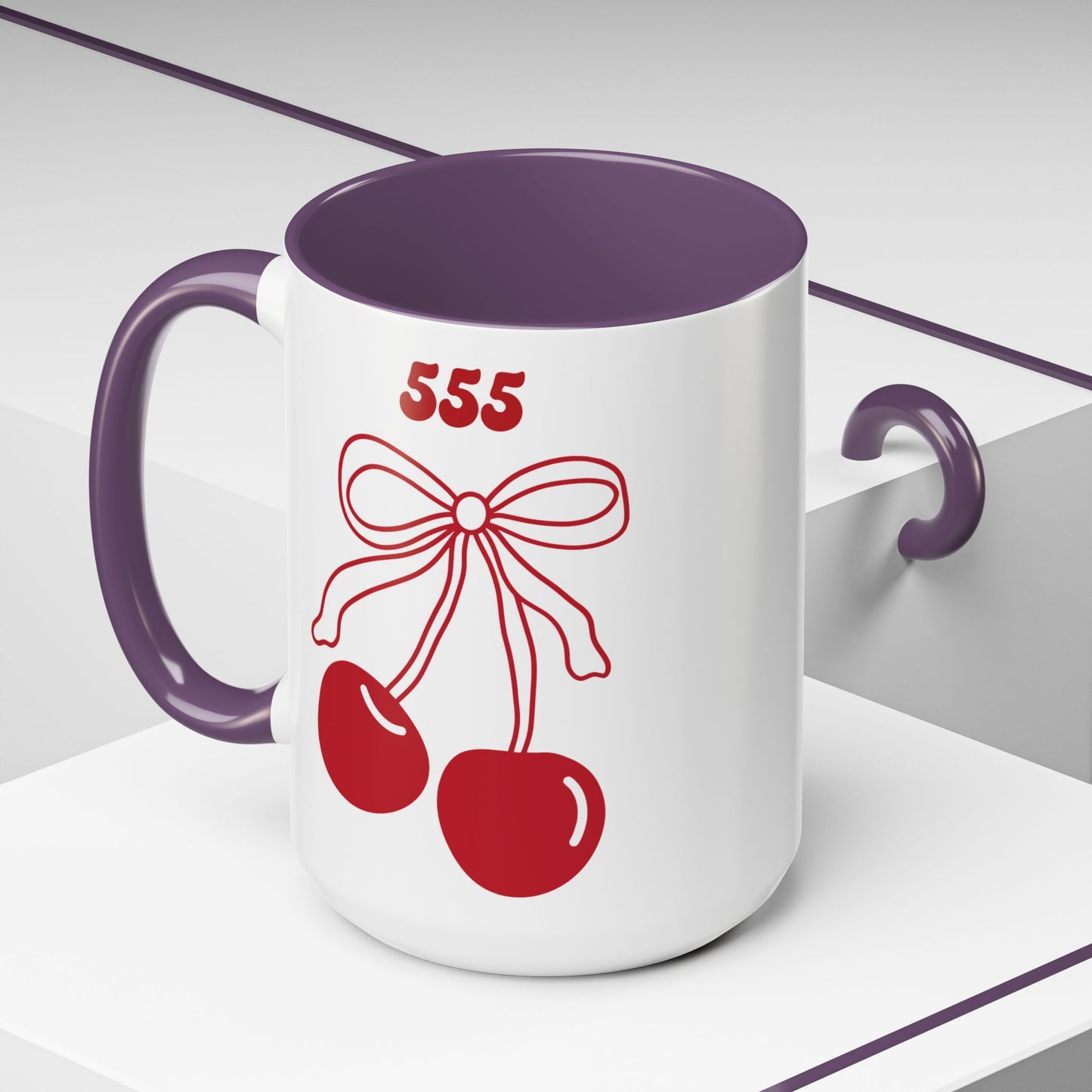 555 Angel Number Cherries Accent Mug – Coquette Bow Kawaii | 11oz 15oz — Pink, Red, Navy, Light Blue, Orange, Purple, Yellow