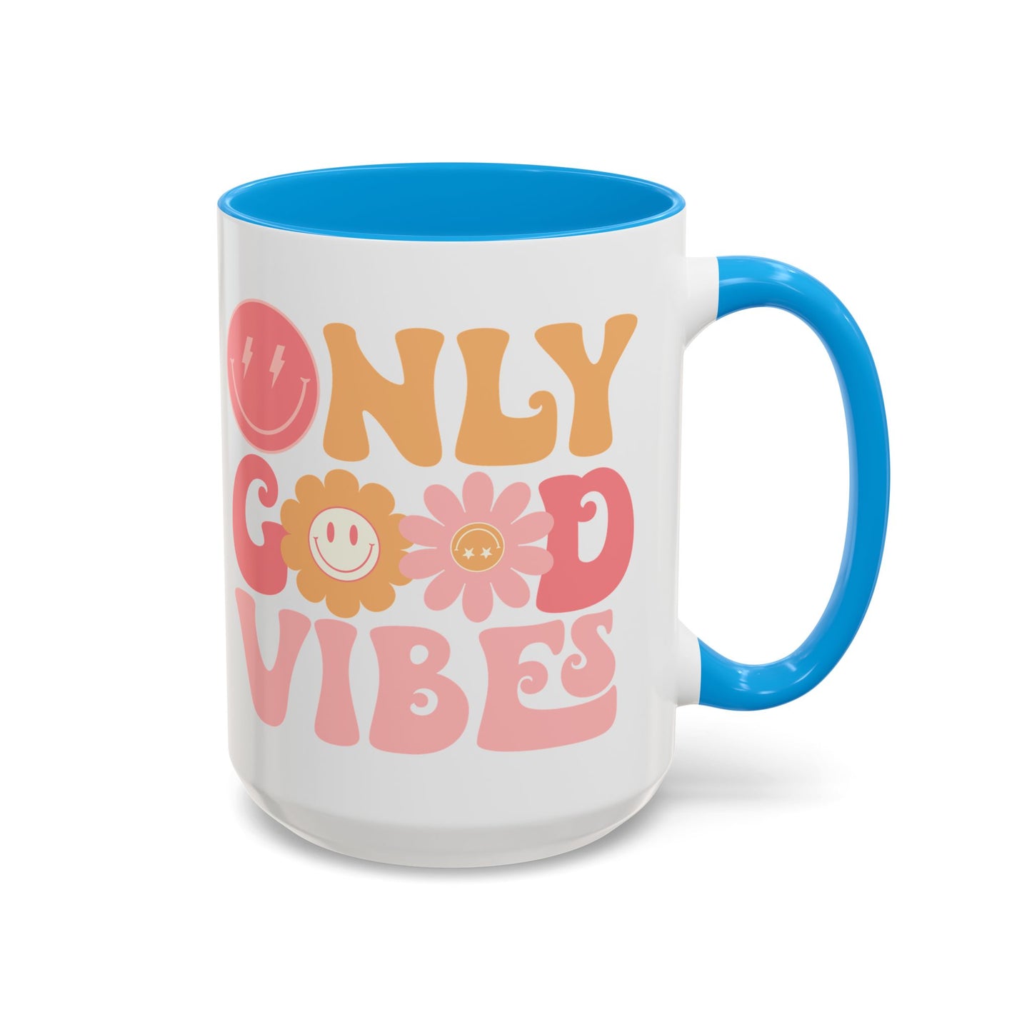 Only Good Vibes Accent Mug – Retro Bubble Letters & Flowers | 11oz 15oz Colored Handle