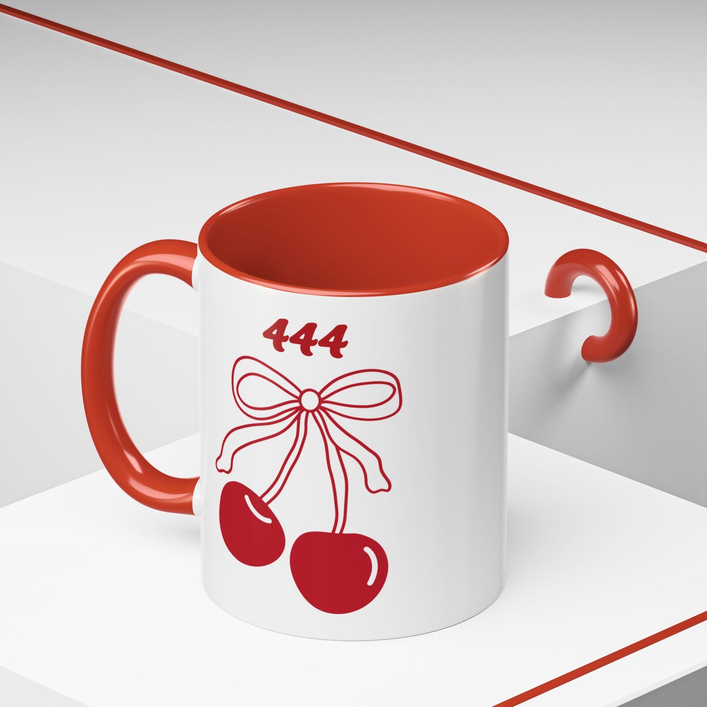 444 Angel Number Cherries Accent Mug – Coquette Bow Kawaii | 11oz 15oz — Navy, Light Blue, Orange, Purple, Yellow