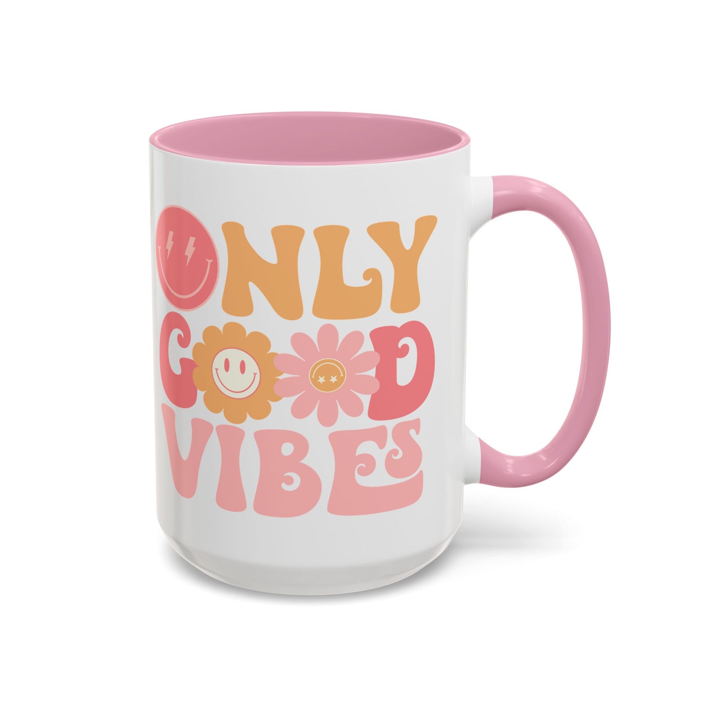 Only Good Vibes Accent Mug – Retro Bubble Letters & Flowers | 11oz 15oz Colored Handle