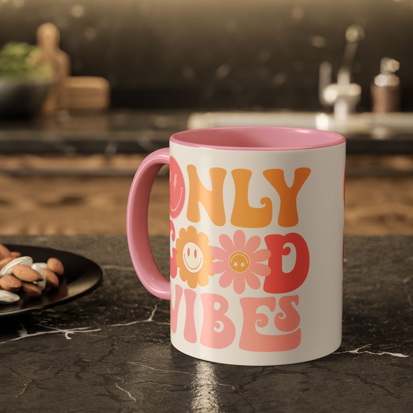 Only Good Vibes Accent Mug – Retro Bubble Letters & Flowers | 11oz 15oz Colored Handle