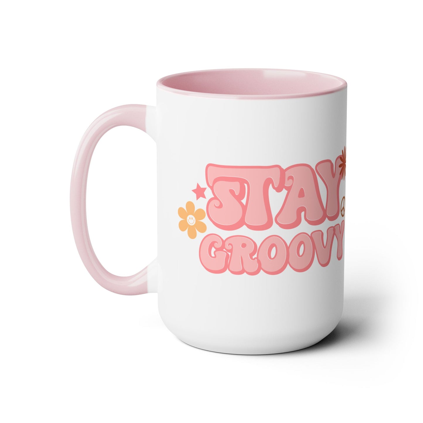 Stay Groovy Coffee Mug 15oz - 70s Inspired, Pastel Pink, Swirly Font - Boost Your Mood with this Free-Spirit, Funkadelic Beverage
