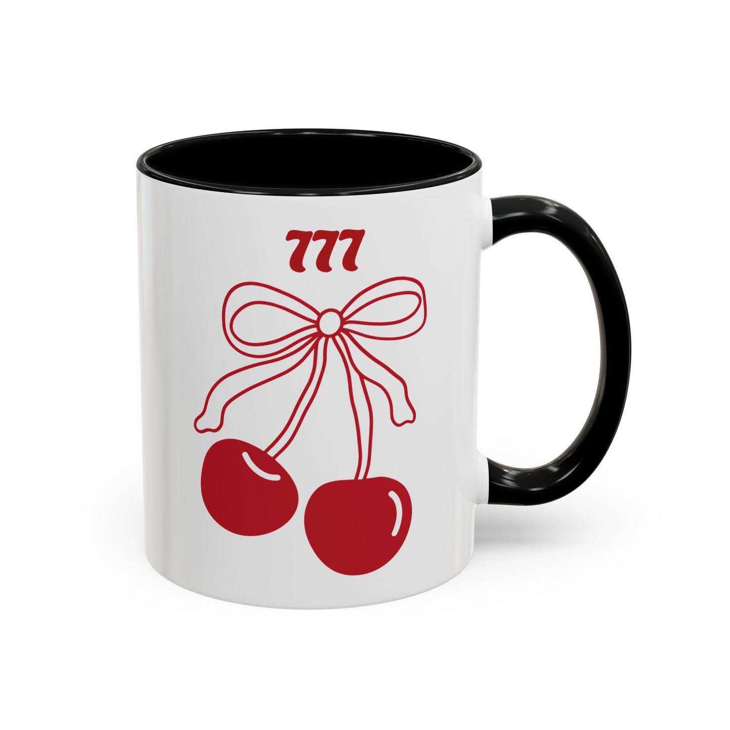 777 Angel Number Cherries Accent Mug – Coquette Bow Kawaii | 11oz 15oz — Yellow, Pink, Red, Navy, Light Blue, Orange, Purple
