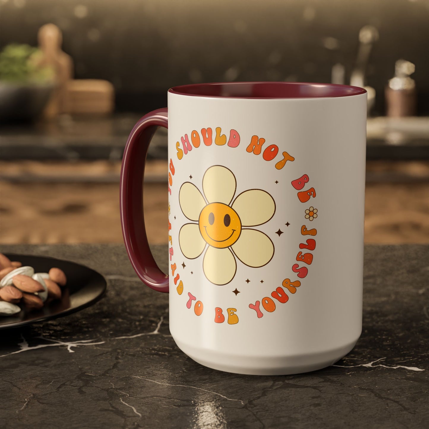 Don’t Be Afraid To Be Yourself Accent Mug – Smiley Flower | 11oz 15oz Colored Handle