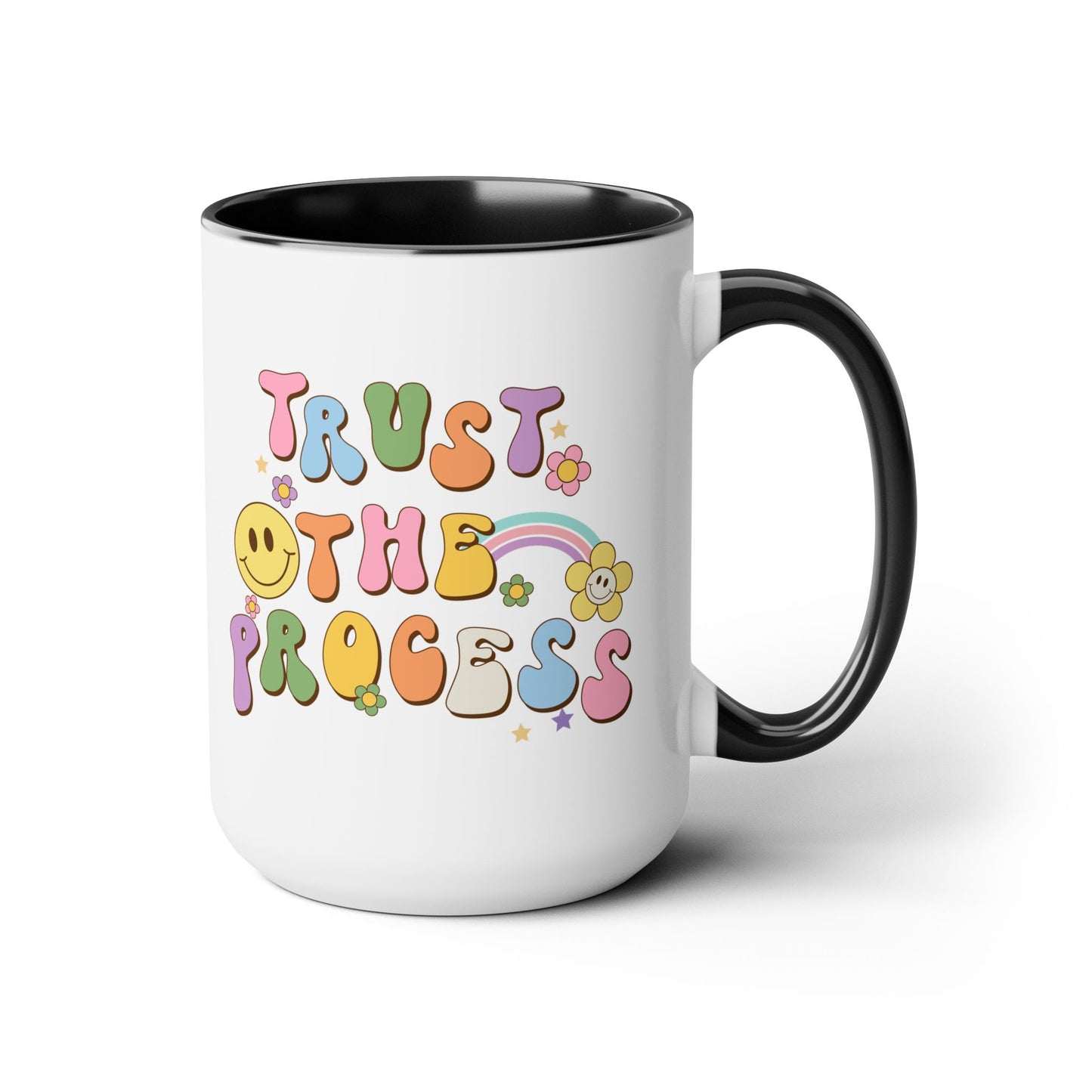 70s Retro Trust the Process Coffee Mug 15oz - Funky Multi-Color Ceramic Cup - Inspirational Motivation Drinkware - Gift for Goal Setters