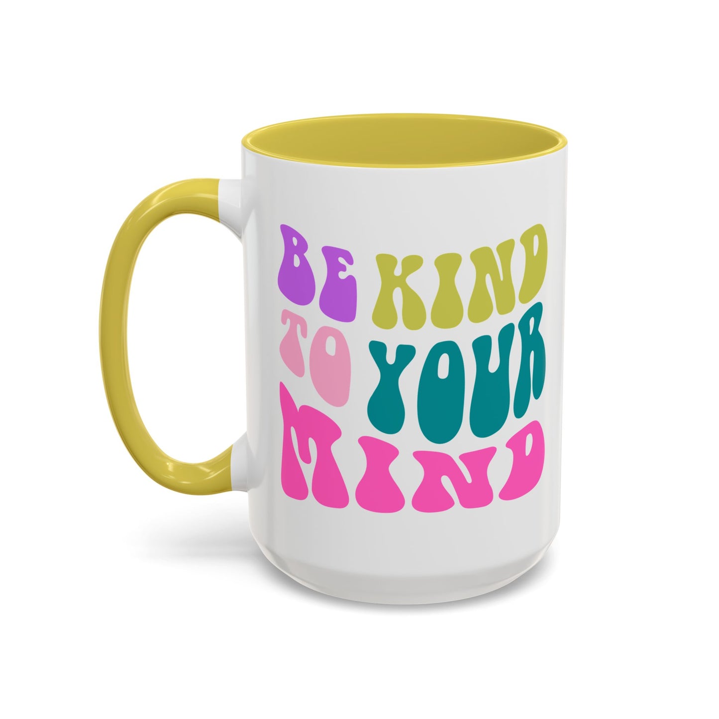 Be Kind To Your Mind Accent Mug – Retro Rainbow Letters | 11oz 15oz Colored Handle