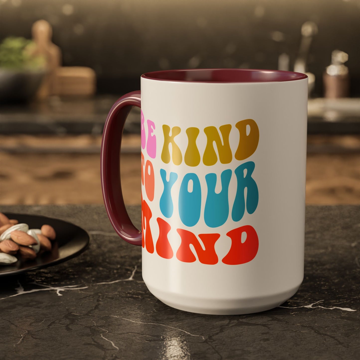 Be Kind To Your Mind Accent Mug – Retro Rainbow Letters | 11oz 15oz Multiple colors