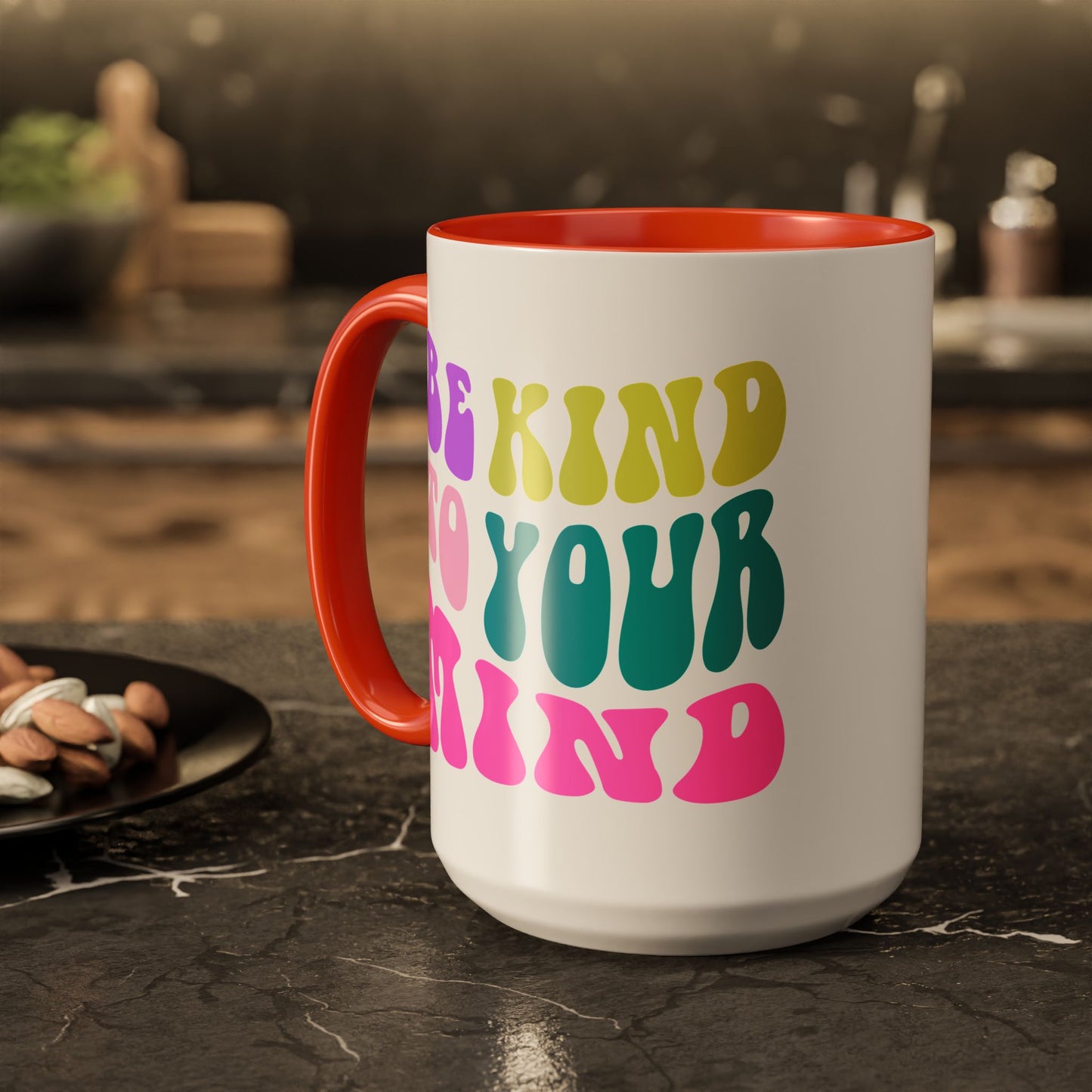 Be Kind To Your Mind Accent Mug – Retro Rainbow Letters | 11oz 15oz Colored Handle