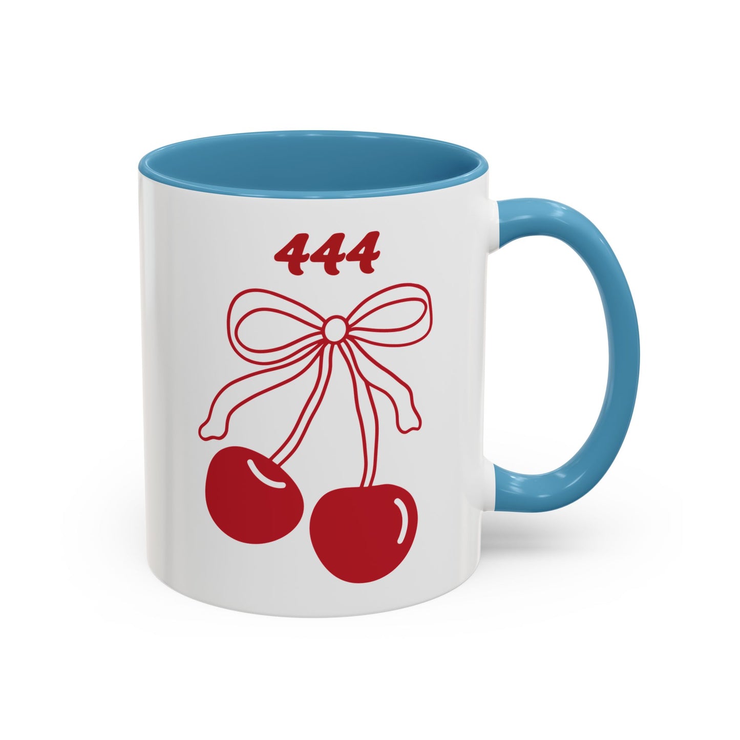 444 Angel Number Cherries Accent Mug – Coquette Bow Kawaii | 11oz 15oz — Navy, Light Blue, Orange, Purple, Yellow