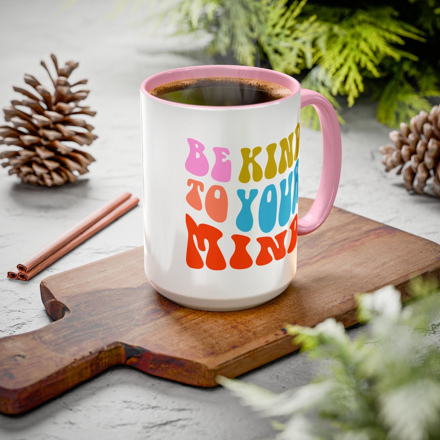 Be Kind To Your Mind Accent Mug – Retro Rainbow Letters | 11oz 15oz Multiple colors