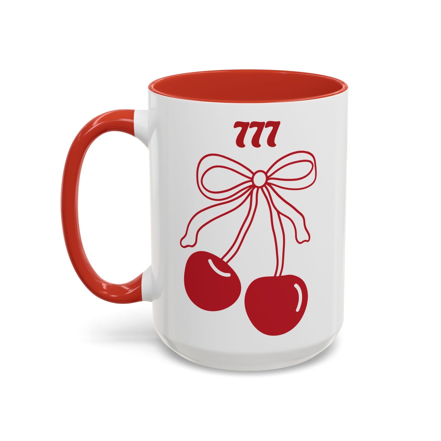 777 Angel Number Cherries Accent Mug – Coquette Bow Kawaii | 11oz 15oz — Yellow, Pink, Red, Navy, Light Blue, Orange, Purple