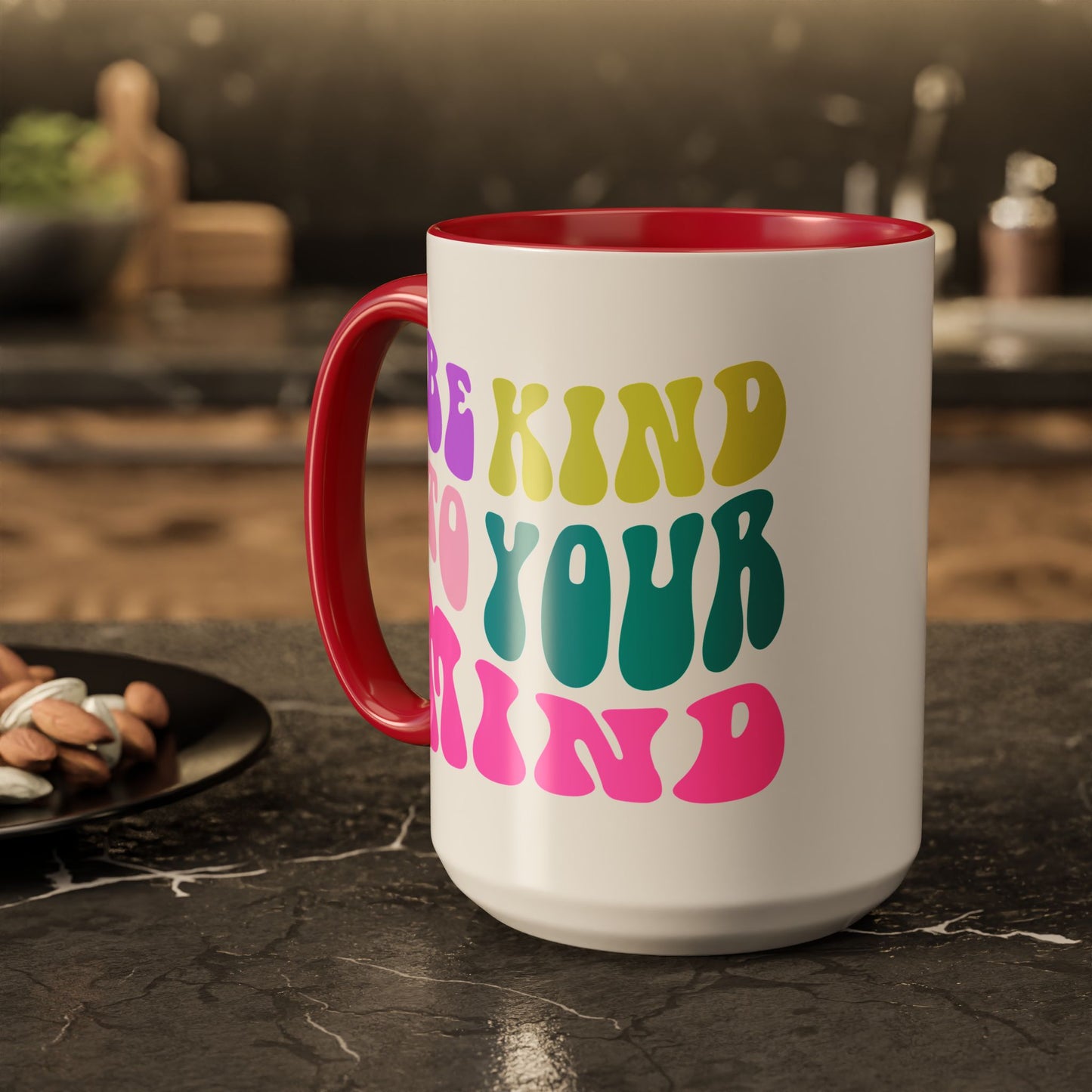 Be Kind To Your Mind Accent Mug – Retro Rainbow Letters | 11oz 15oz Colored Handle