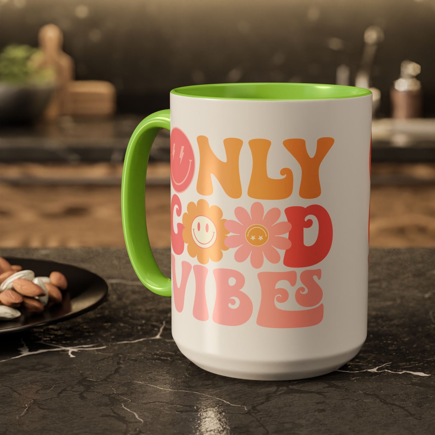 Only Good Vibes Accent Mug – Retro Bubble Letters & Flowers | 11oz 15oz Colored Handle