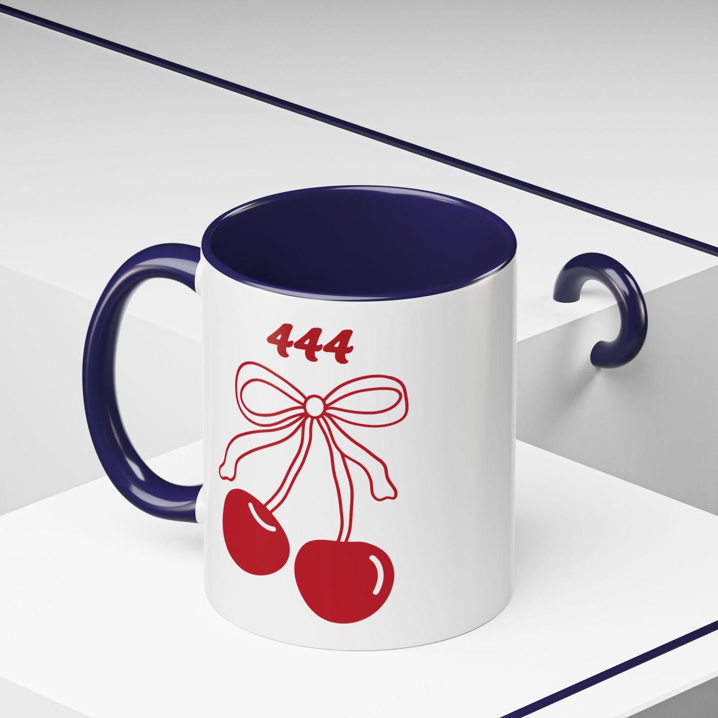 444 Angel Number Cherries Accent Mug – Coquette Bow Kawaii | 11oz 15oz — Navy, Light Blue, Orange, Purple, Yellow