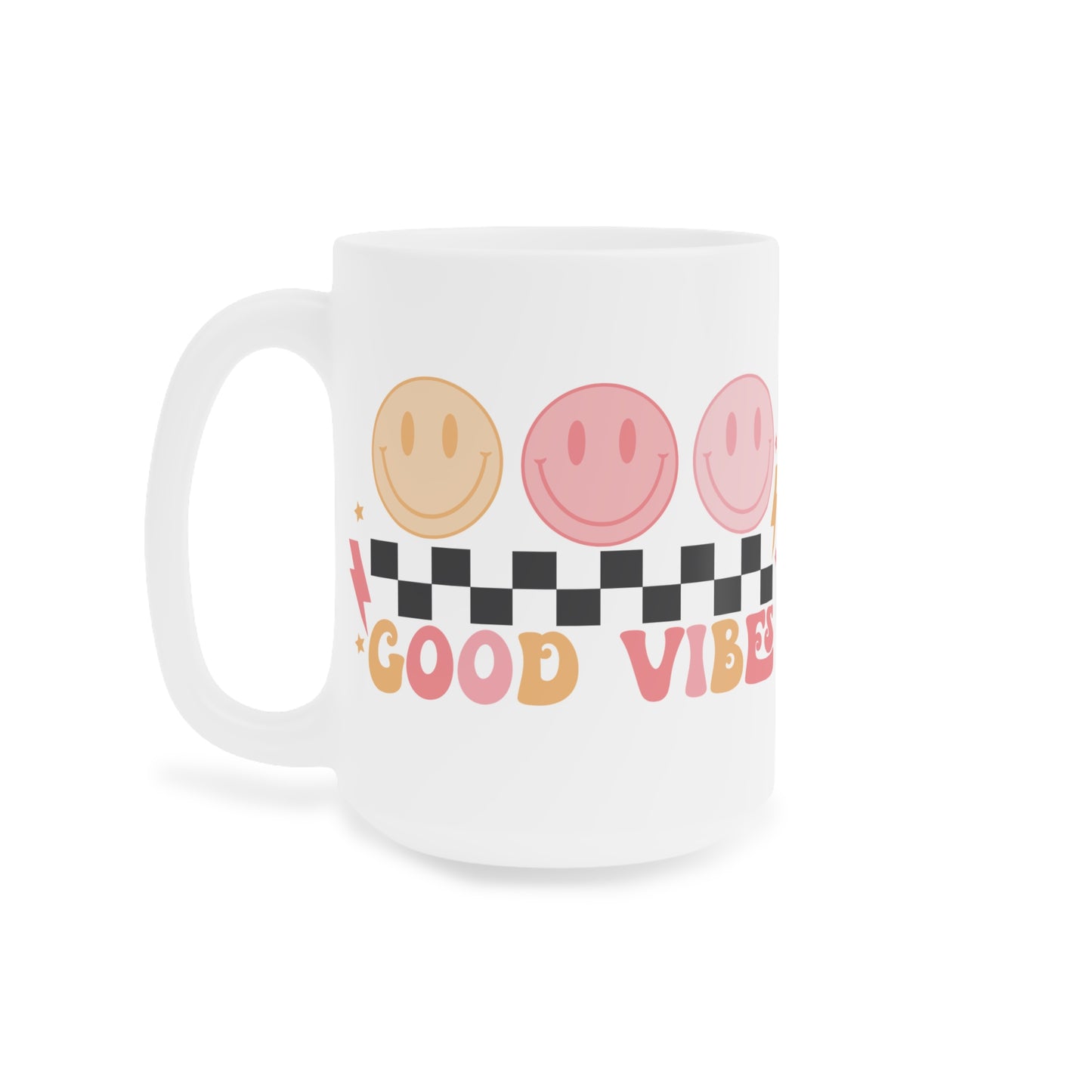 Good Vibes Psychedelic Coffee Mug 20oz - Pink Typography, Black-White Checkered with Smiling Faces - Retro Love, Radiate Positivity