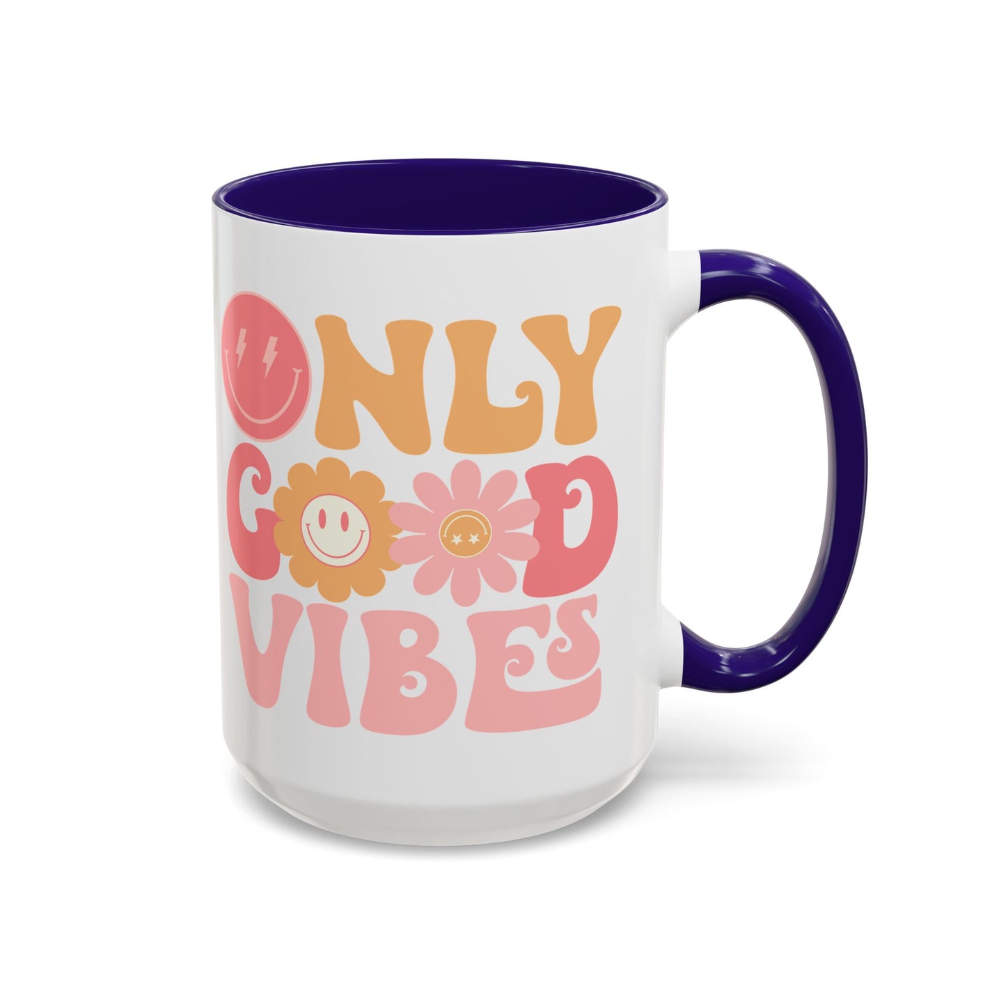 Only Good Vibes Accent Mug – Retro Bubble Letters & Flowers | 11oz 15oz Colored Handle