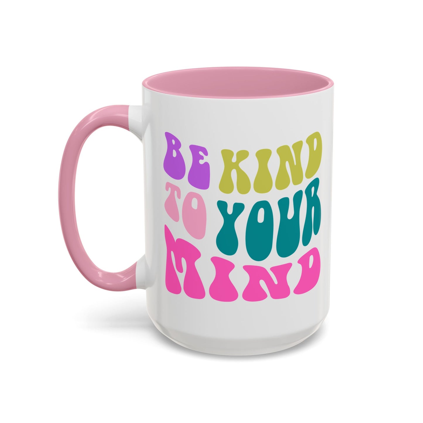 Be Kind To Your Mind Accent Mug – Retro Rainbow Letters | 11oz 15oz Colored Handle