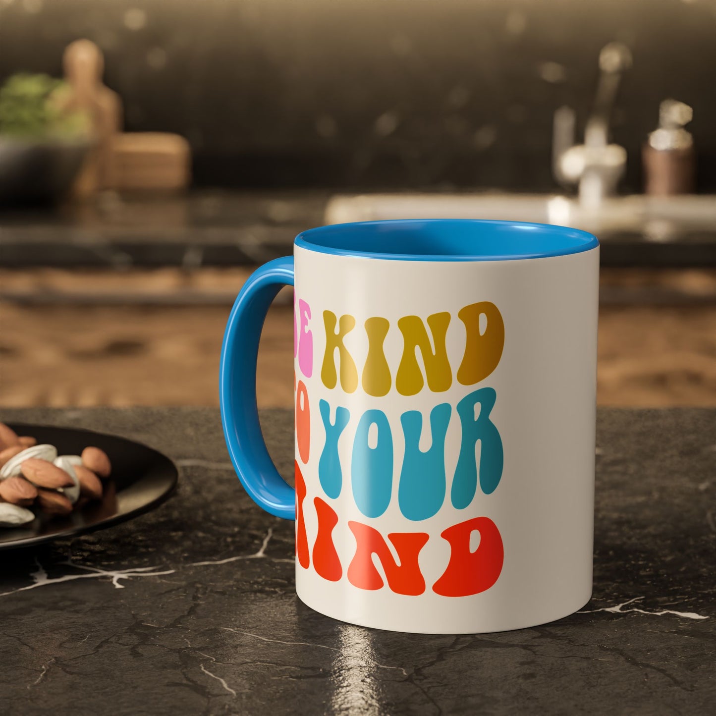 Be Kind To Your Mind Accent Mug – Retro Rainbow Letters | 11oz 15oz Multiple colors